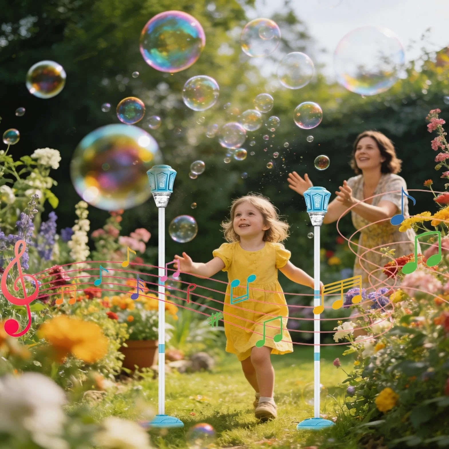 Macchina Bolle di Sapone in Piedi Giocattolo da Esterno con e Musica | Altezza Regolabile 53-119 cm Giocattolo di Bolle Per Feste All'Aperto Giochi Estivi Prato Matrimonio Giardino e