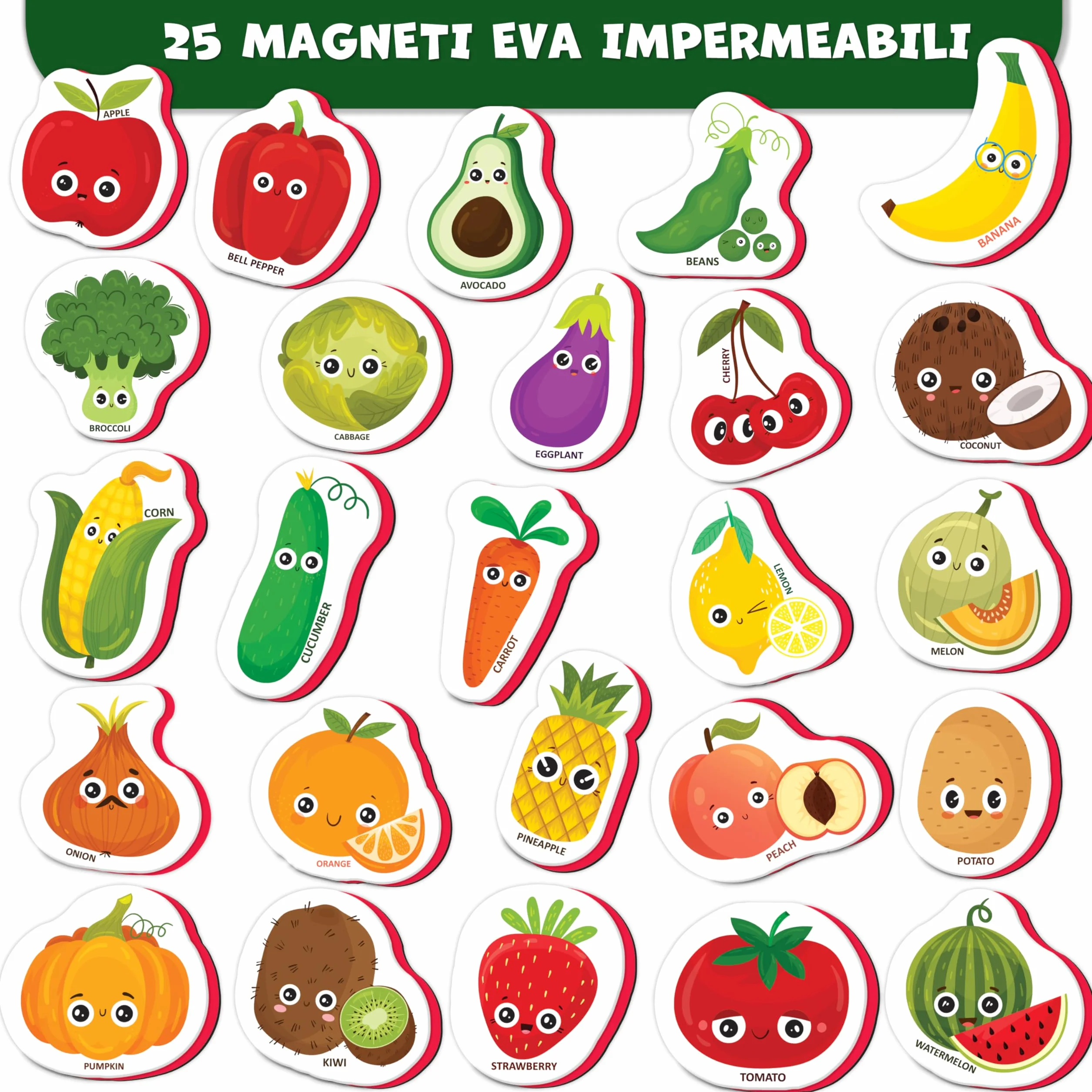 Magneti da frigo per bambini Little World 25 sztuk, frutta e verdura, atossici, impermeabili, in schiuma