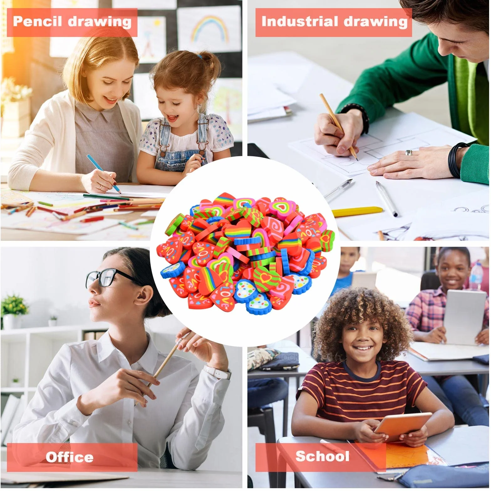100 Pezzi Gomme da Cancellare per Bambini, a Forma di Amore, Mini Divertenti e Colorate, per Premi Compiti, in Classe, Regali