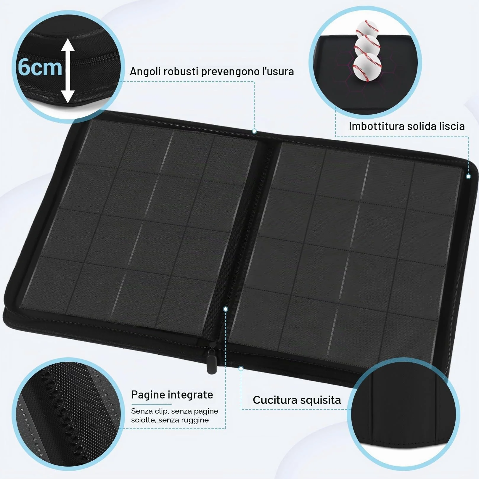 WITHYU Album da Collezione per Carte 16 Tasche, Capacità 1024 Carte - Portacarte Impermeabile Caricamento Laterale con Zip per TCG, Calcio & Collezioni, Portatile (Nero)