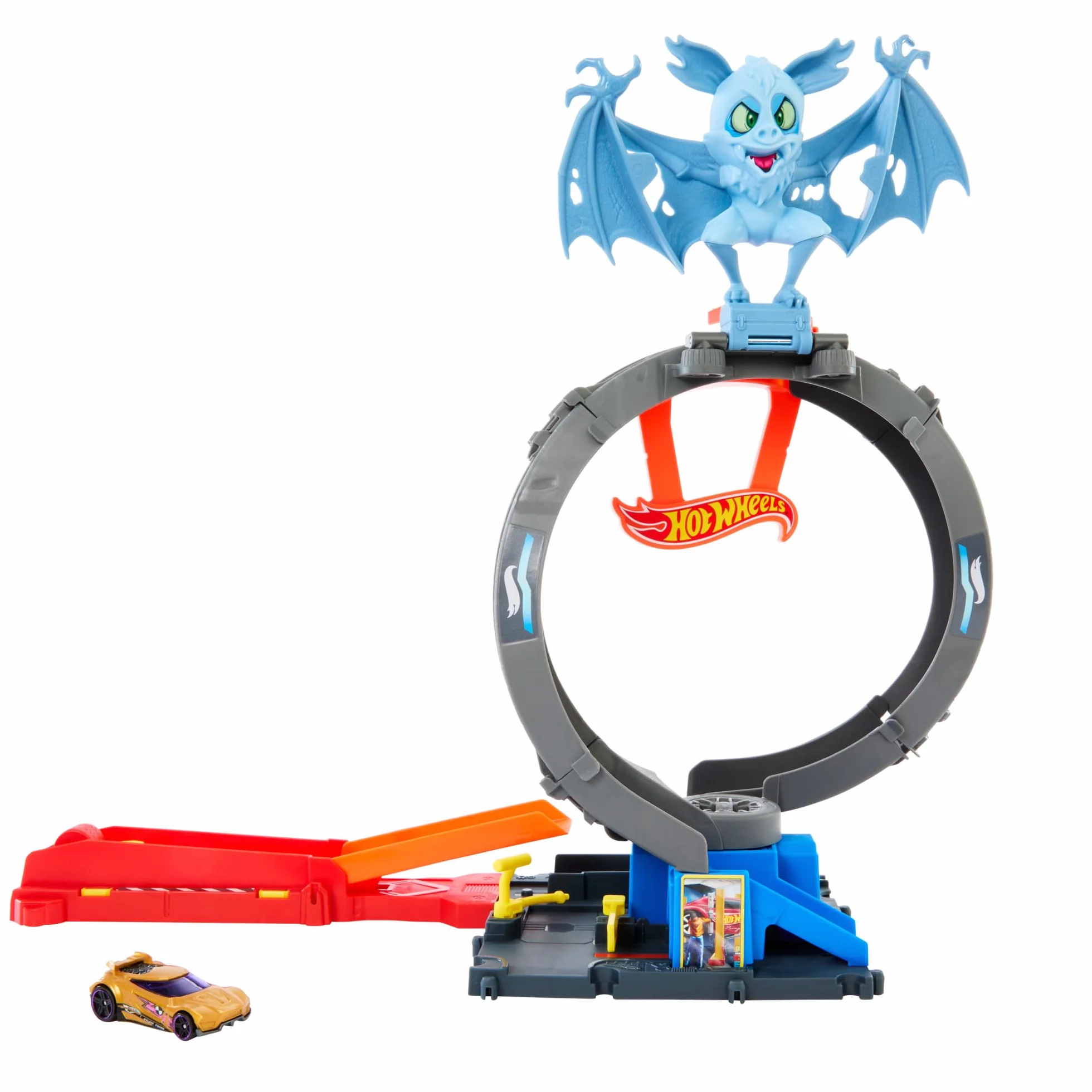 Hot Wheels City 'Let's Race' Netflix - Loop Attacco del Pipistrello, pista con loop e lanciatore regolabile per sconfiggere il pipistrello, una macchinina Hot Wheels inclusa, 4+ anni, HTN78