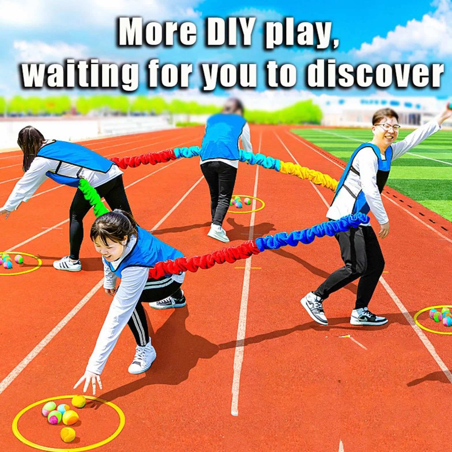 Corda da tirare, fascia per esercizi per bambini, attrezzatura per attività di squadra, design ad anello elastico a quattro direzioni, cinturino arcobaleno interattivo elastico per sport scolastici