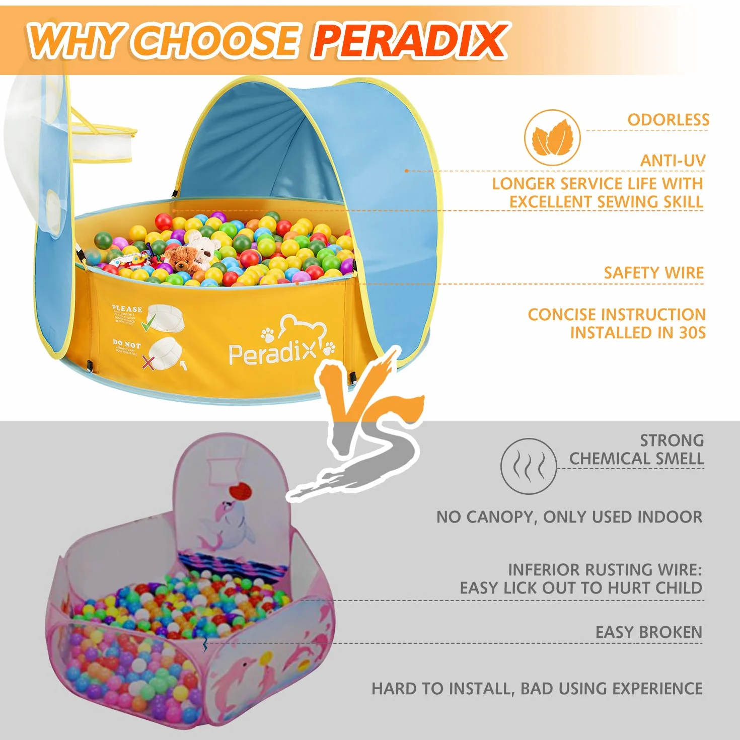 Peradix 2 in 1 Tenda da Bambini Pop Up Pieghevole, Mini Vasca Palline Casetta Solare Anti-UV con Tettoia e Canestro Viaggio in Spiaggia