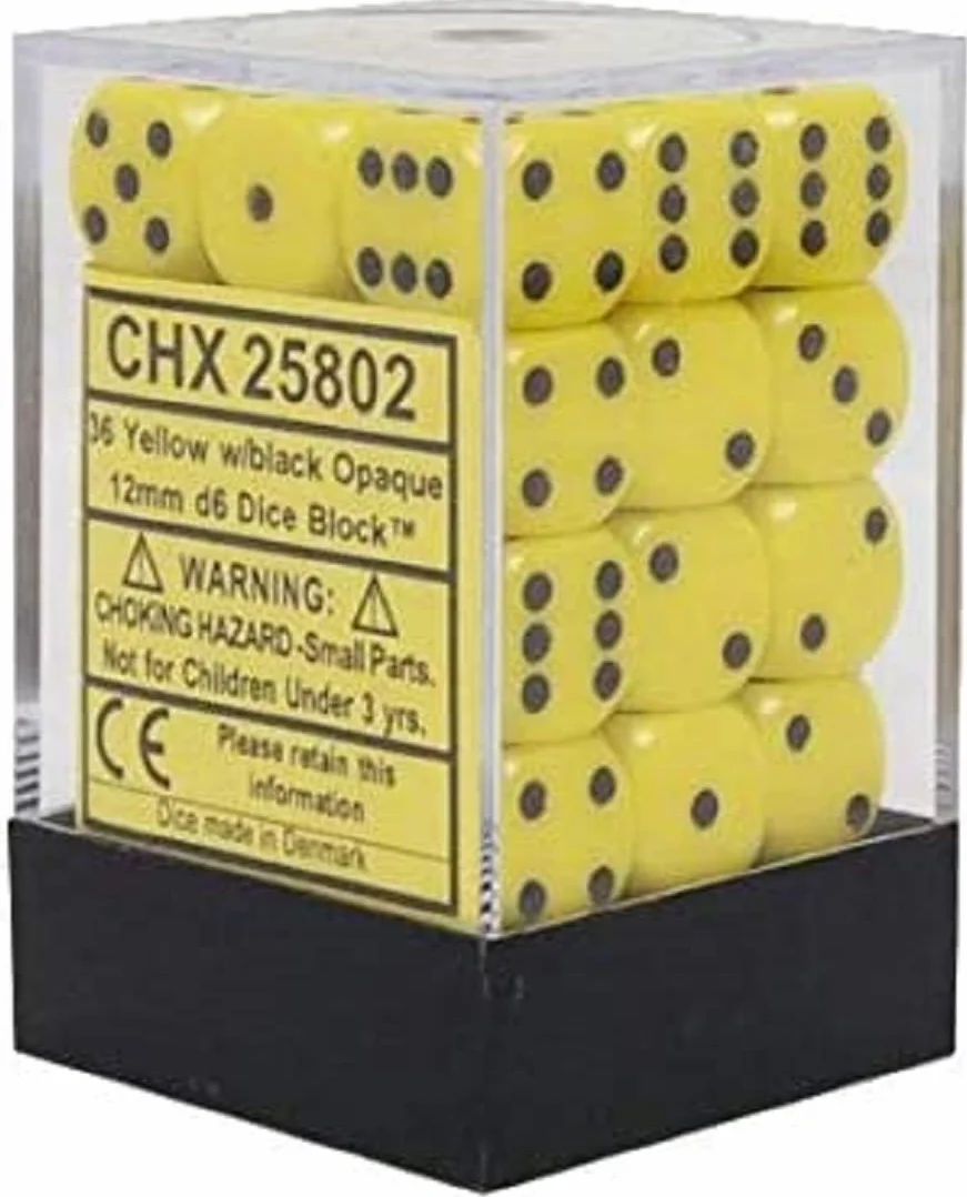 Chessex Opaque 12mm d6 Yellow w/Black Dice Block 36 Dice by Chessex