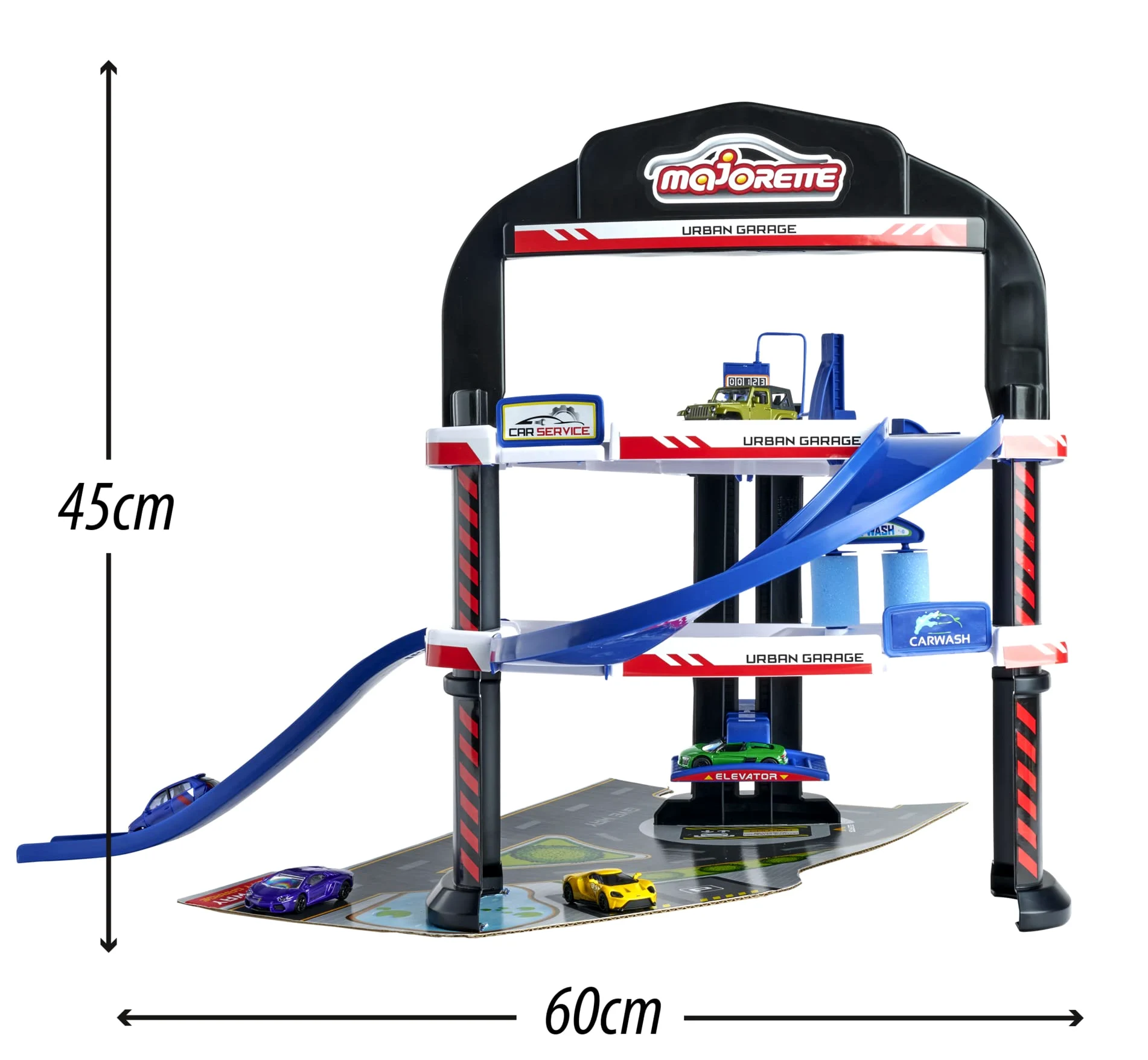 Majorette - Urban Garage, parcheggio a 3 Livelli con Ascensore, Autolavaggio e Pompa di Benzina, Include 5 Auto in Die-Cast in Scala 1:64, dai 3 anni