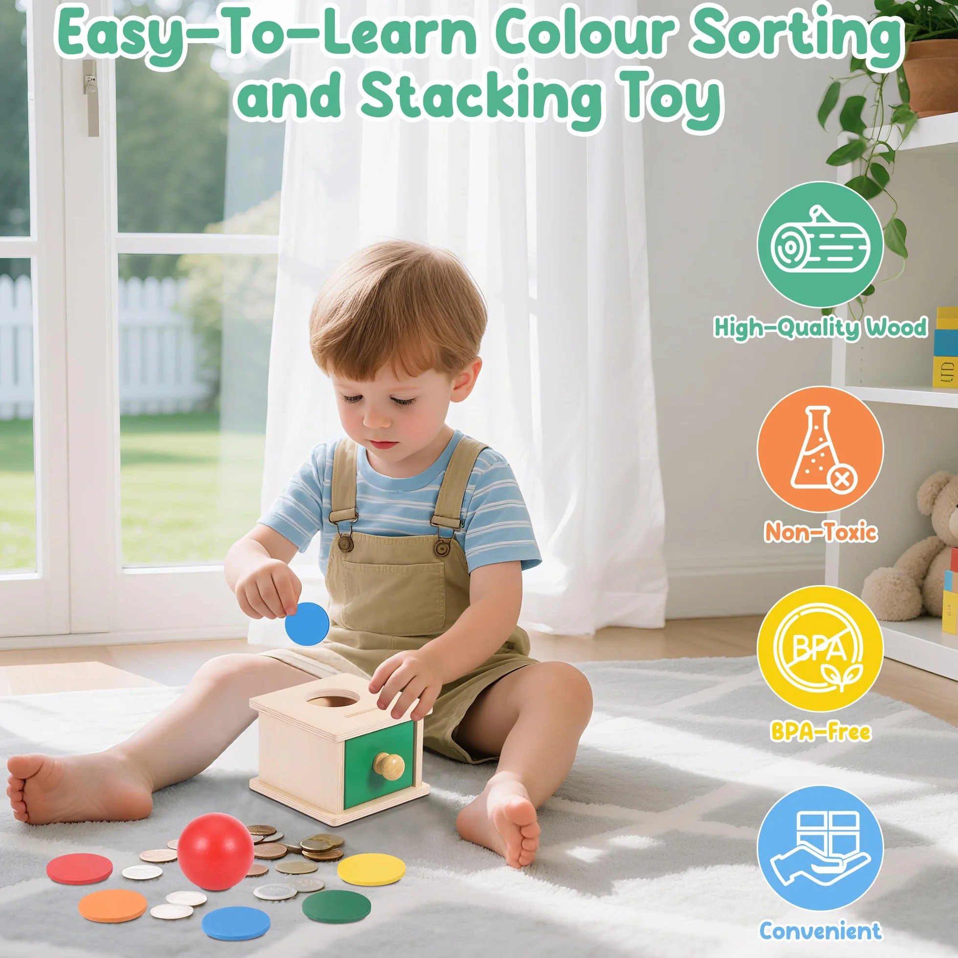 Starvortex Giocattoli Educativi Montessori per Bambini – Salvadanaio in Legno con Monete, Sorter di Forme e Impilabile Sensoriale, Ragazzi e Ragazze