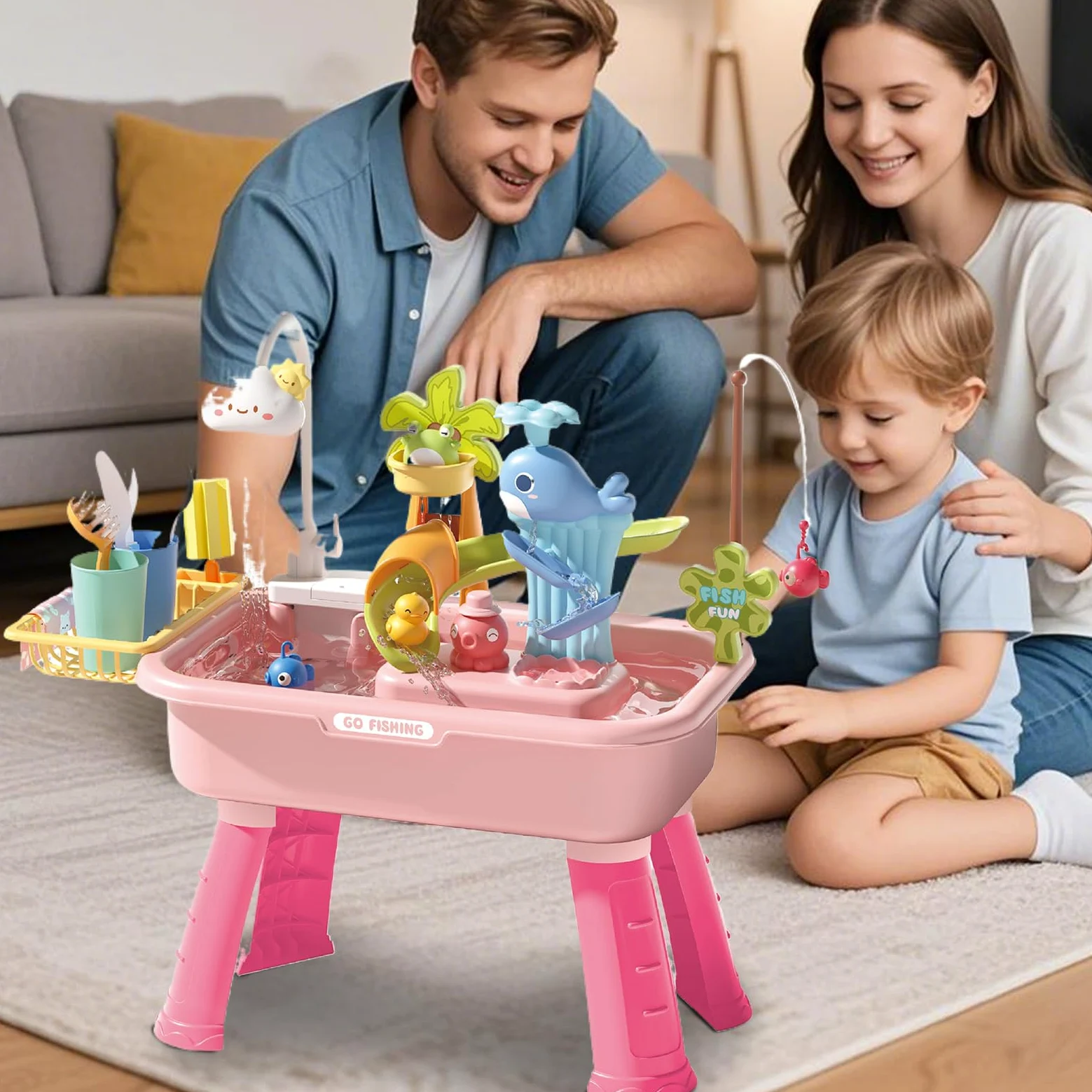 Tavolo Acquatico Esterno Tavolo Sensoriale Acquatico | 4 in 1 con Rubinetto Elettrico Educativo Bambini Casa Giardino Viaggio Asilo Picnic Campeggio Cortile Simbolico