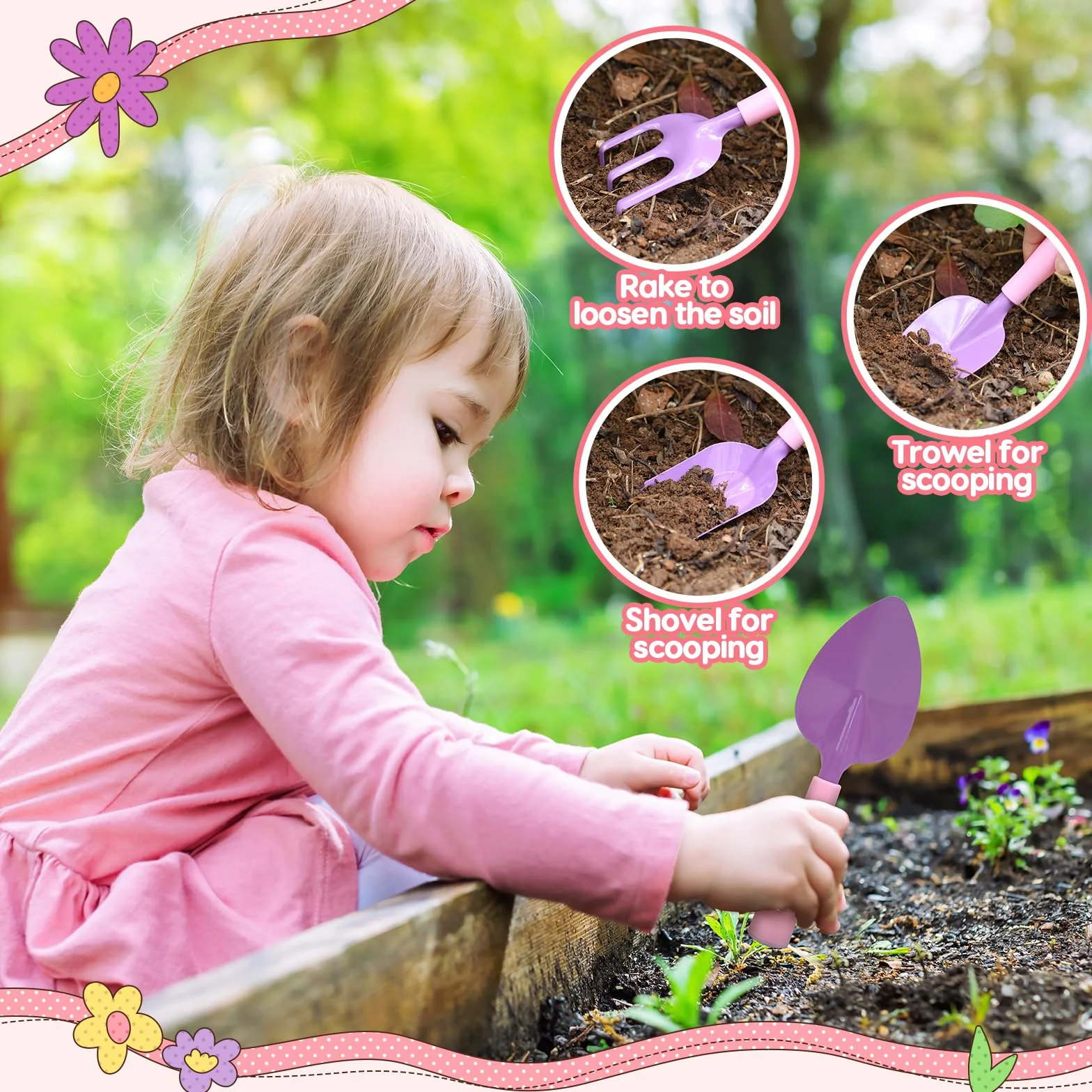 CUTE STONE Set Di Attrezzi Da Giardino per Bambini, Kit Giardinaggio Bambini Include Grembiule, Guanti Da Giardino, Paletta Giardinaggio, Borsa Da Giardinogiocattoli da esterno per bambini (Rosa).
