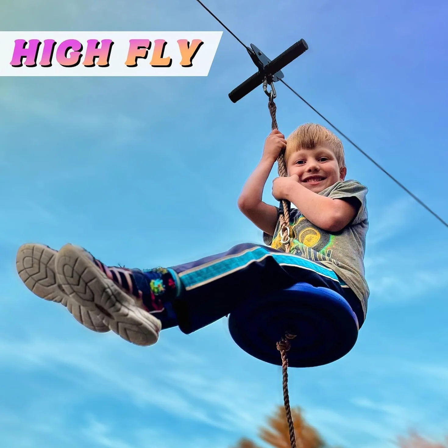 CTSC Kit zip line per giardino, 25 m, kit zip line per bambini e adulti, con freno a molla in acciaio inossidabile, kit di tensionamento, imbracatura di sicurezza, protezioni per alberi (25 m blu)