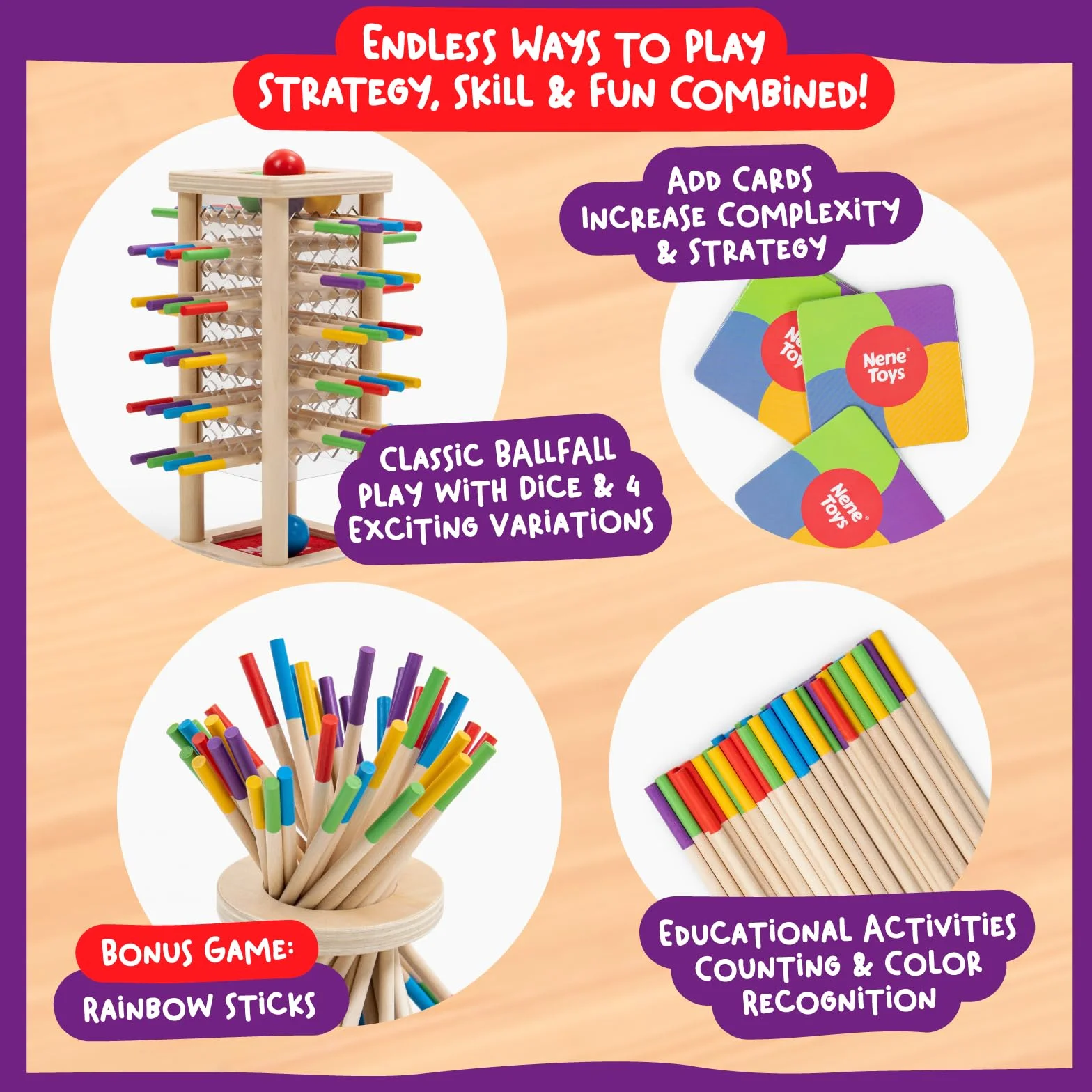 Nene Toys BALLFALL – Giochi Educativi Montessori in Legno per Bambini 3 4 5 6 Anni – Gioco da Tavolo con Bastoncini, Dado e Carte – Regalo per Motricità Fine e Abilità Logiche 3-9 Anni