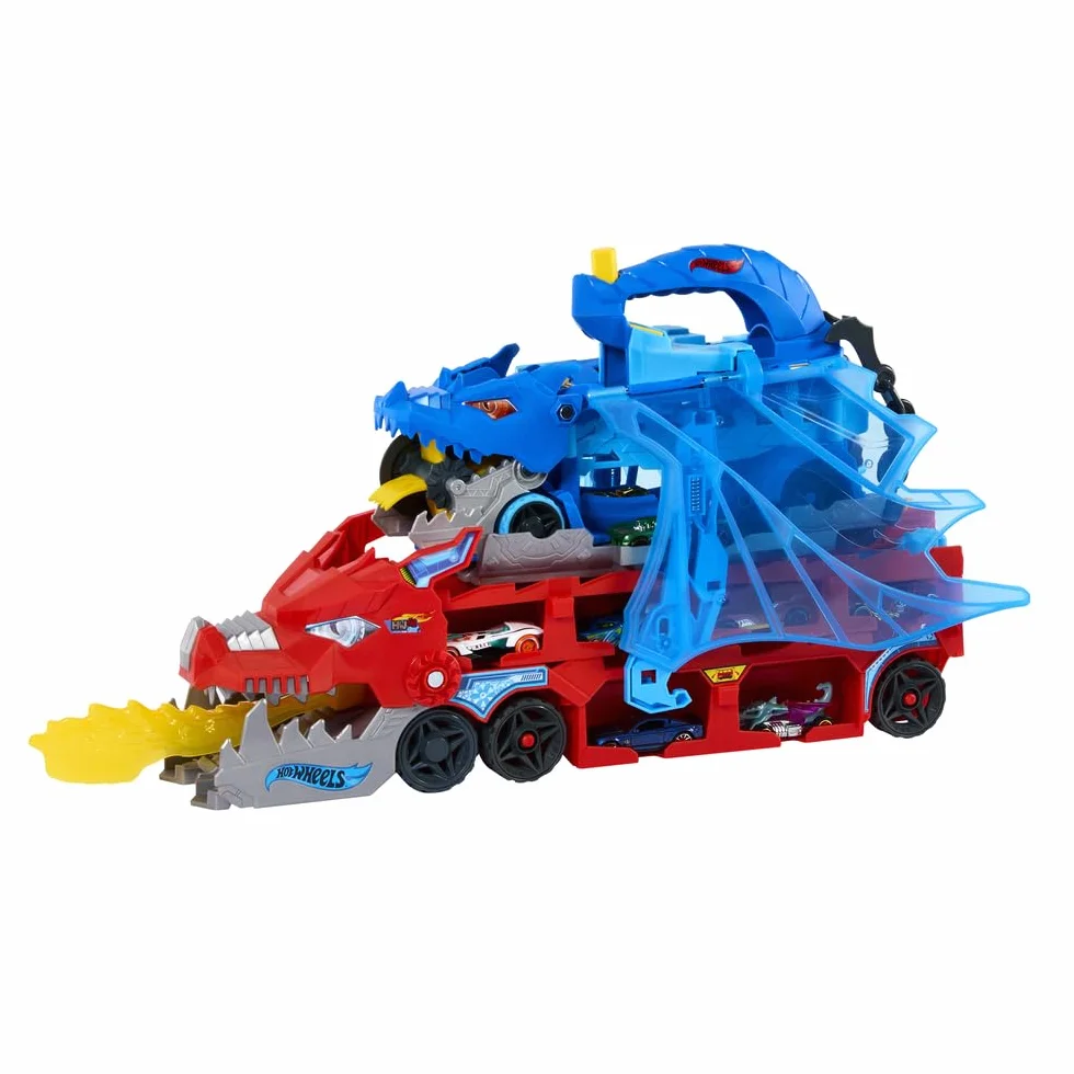 Hot Wheels City Drago Trasportatore Trasformabile e 2 macchinine Die-Cast, Drago di Grandi Dimensioni e Drago Rimovibile, può Contenere più di 20 Veicoli, JBM72