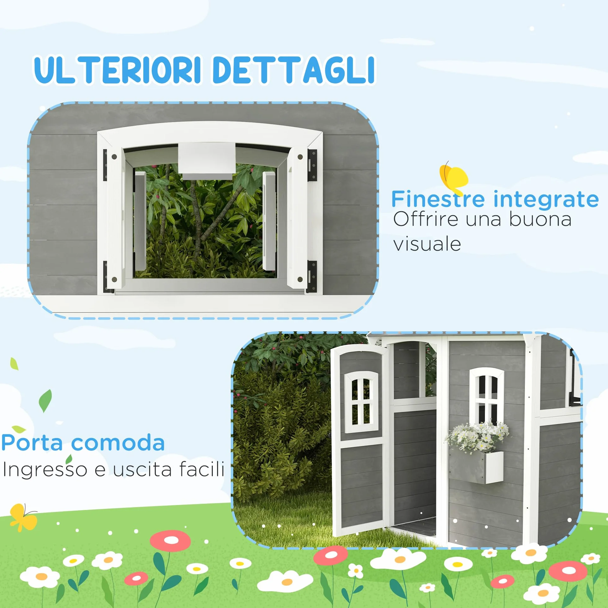 Outsunny Casetta per Bambini 3-8 Anni con 6 Finestre e Fioriera, Casetta da Gioco in Legno di Abete, 104.5x110x137 cm, Grigia