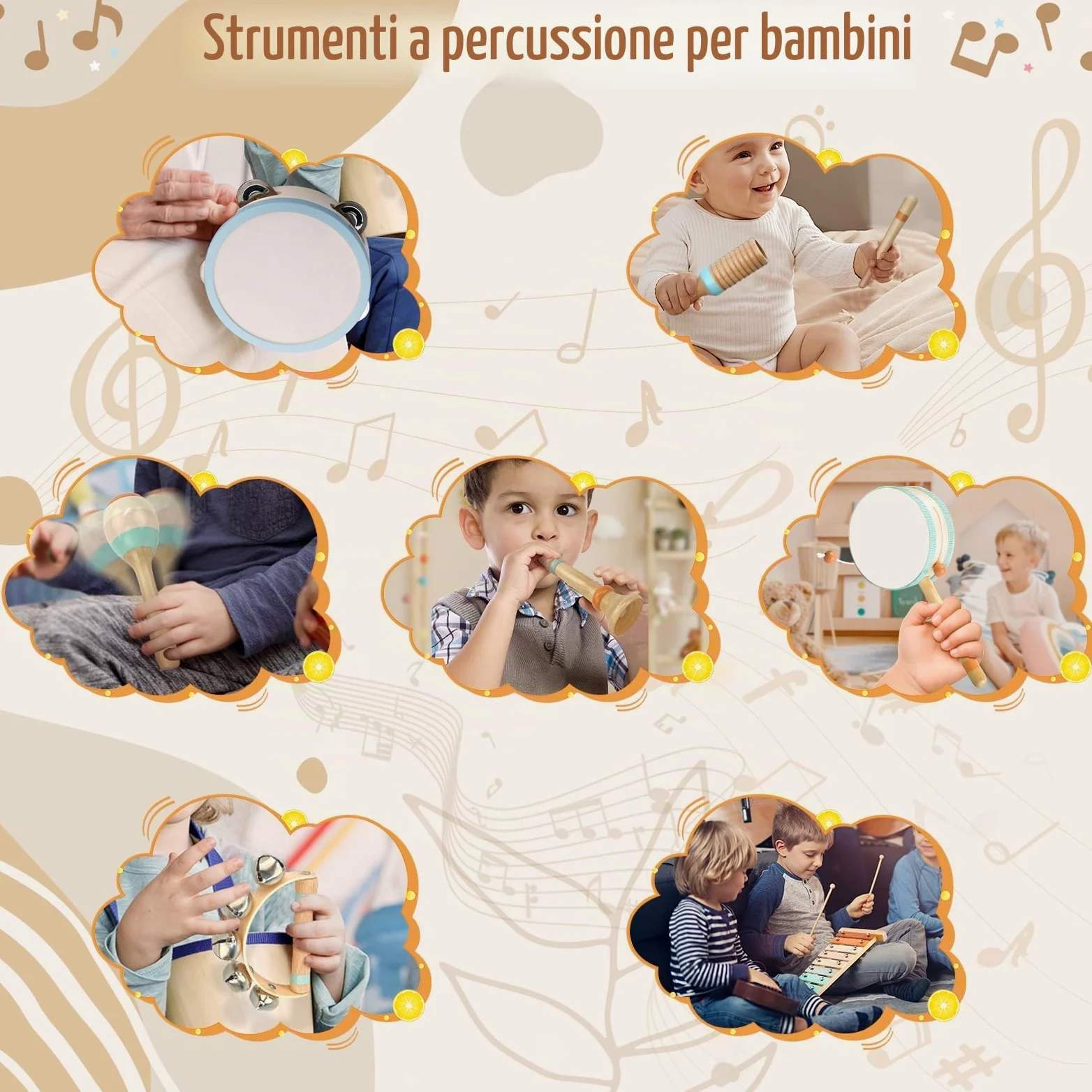 Strumenti Musicali Bambini Strumento Musicale Tamburo Bambino Montessori Giocattoli Xilofono Bambini in Legno Tambourine Percussioni per Bambini Giochi Musicali Regalo di Compleanno di Natale