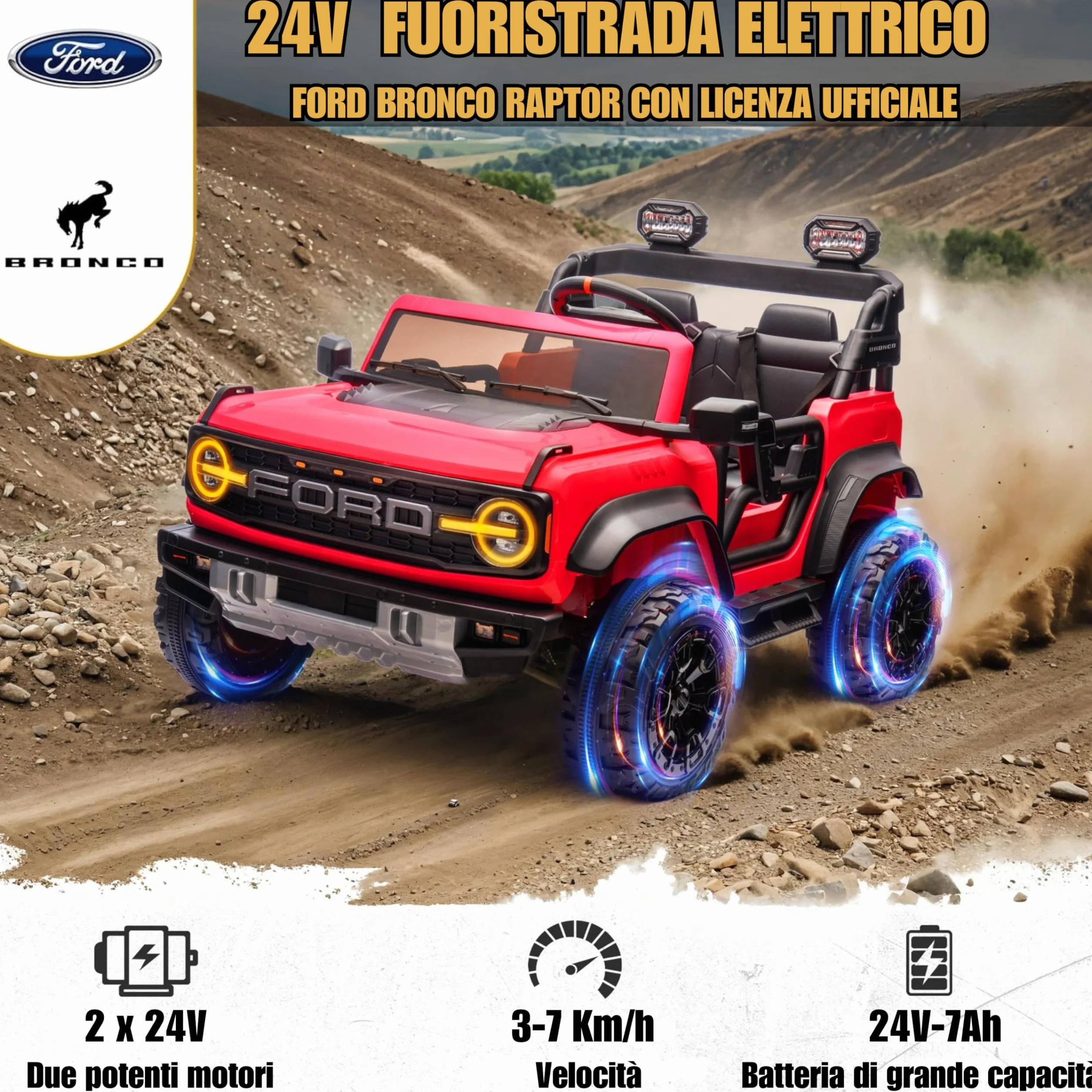 Ford Bronco Raptor 24V Maxi Fuoristrada Auto Elettrica Bambini 2 Posti Telecomando Luci LED Bluetooth Carico 60 kg Rosso