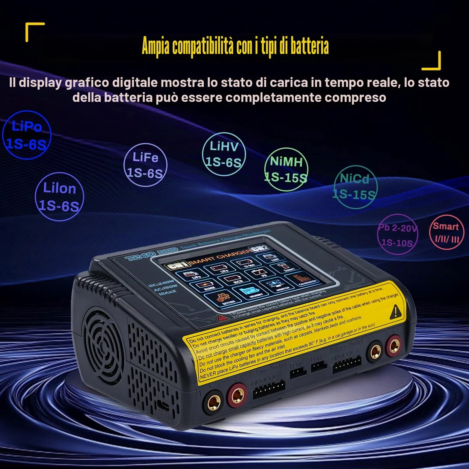 BuyWeek T240 DUO RC Caricabatterie Bilanciamento AC150W/DC240W 10A carica batteria per auto 3,2 pollici touch screen caricabatterie litio alta precisione per LiPo/Lilon/LiFe/NiMH/NiCd/PB/NiMH