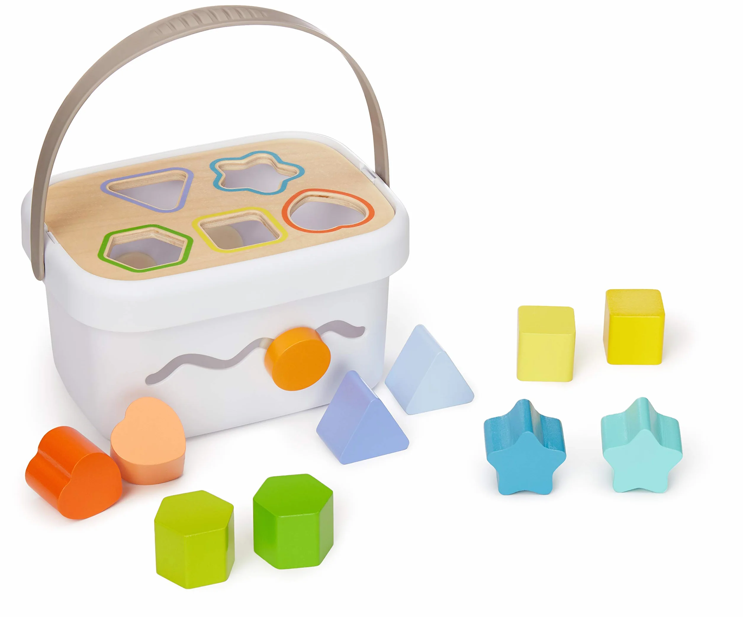 Amazon Basics Bebè Set di giocattoli classici in legno con scatola delle forme e torre con anelli impilabili in vari colori, Medio