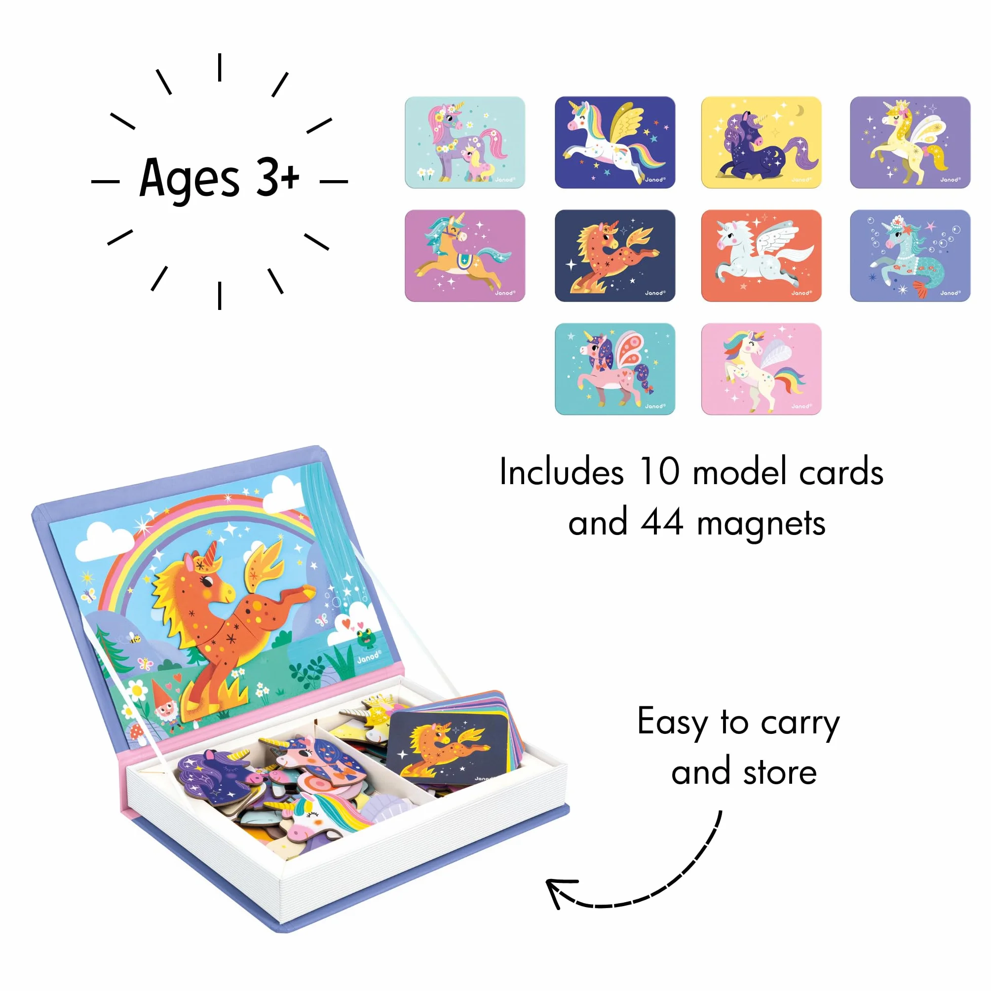 Janod - Magnéti'Book Unicorni - Gioco Educativo Magnetico 44 Calamite + 10 Modelli - Giocattolo per Bambini in Cartone FSC - Sviluppa la Manualità e l'Immaginazione - dai 3 Anni