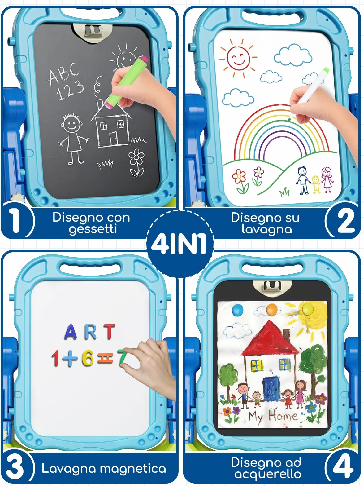 Lehoo Castle Lavagna Magnetica 4 in 1 Bambini, 360° Cavalletto Pittura Regolabile Altezza, Giocattolo Educativo 3+ Anni