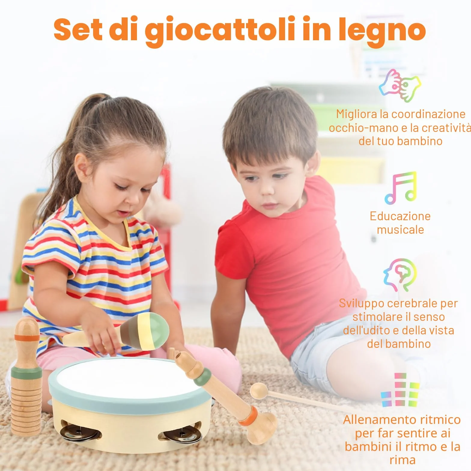 Strumenti Musicali Bambini, 6 in 1 Giochi Legno Montessori Sensoriale, Strumenti Musicali Percussioni in Legno - Tambourine Percussioni per Bambini con Tamburo, Xylophone , 3 4 5 6 Anni