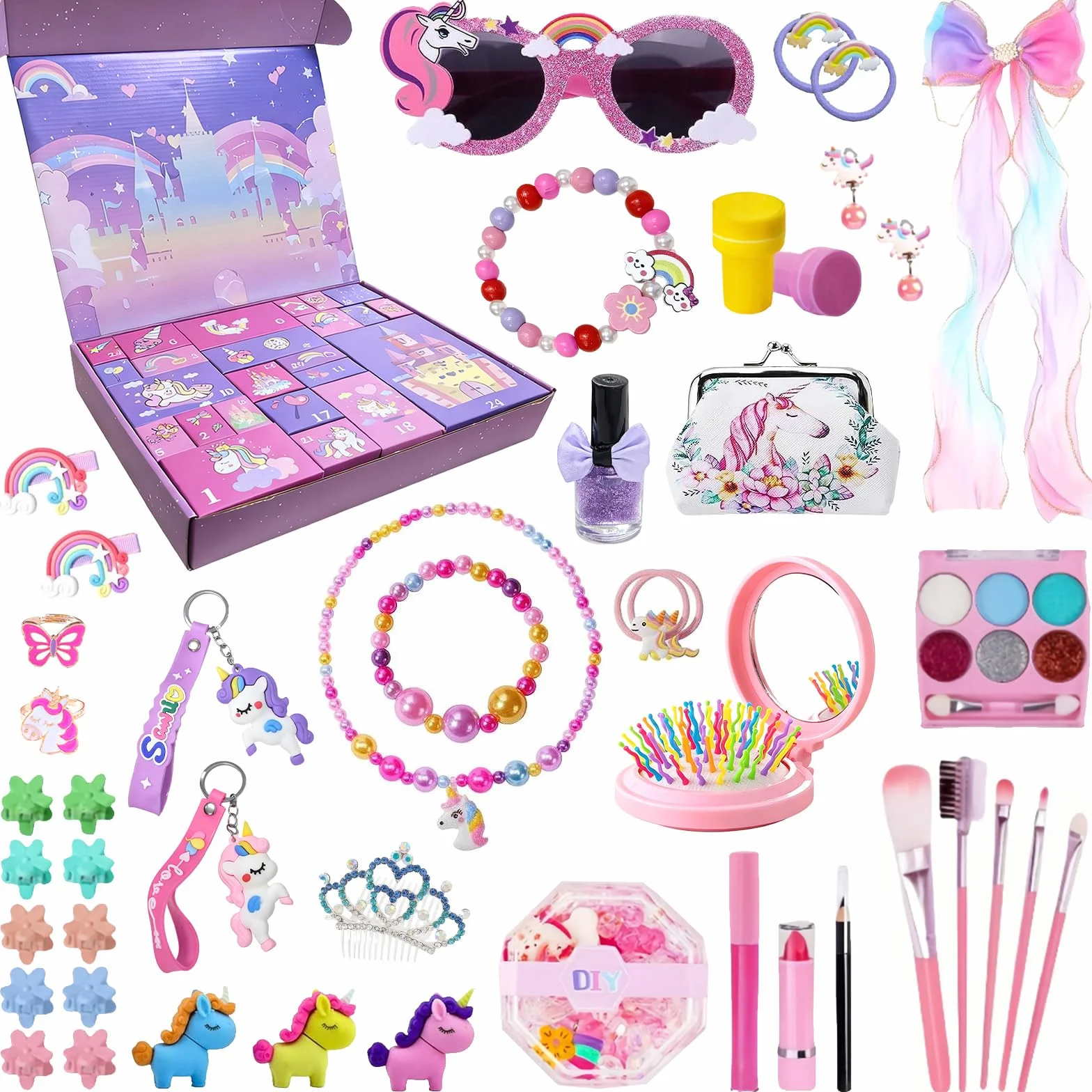 Calendario Avvento,Calendario di Unicorno di Natale,Unicorno Borsetta Gioielli,Orecchini Anelli Collana Set,Unicorn Set,Borsetta Unicorno,per Decorazioni Natalizie