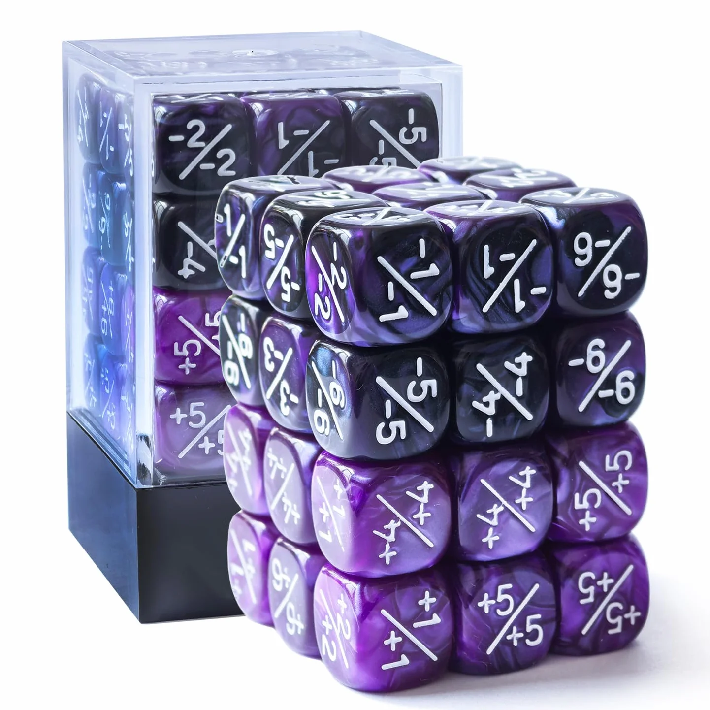 Set di 36 contatori per dadi positivi e negativi da 12 mm in marmo viola e nero Gemelli, dadi a gettone piccolo compatibili MTG, CCG, giochi di carte
