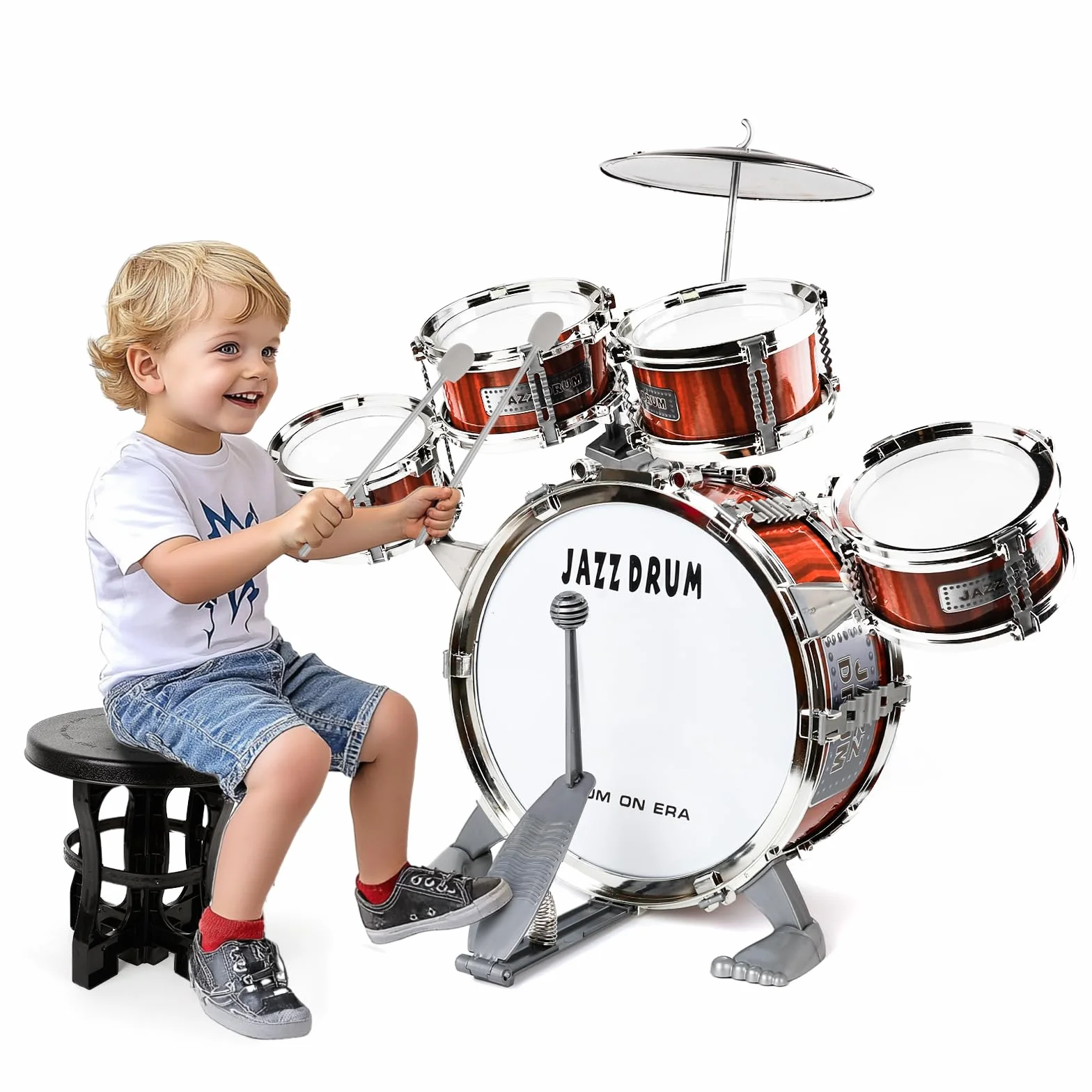 Batteria per Bambini, Set Batteria Jazz Strumento Musicale 5 Tamburi con Sgabello, Toddler Drum Set Musicale Percussione Giocattolo Regalo per Bambini 3 4 5 Ragazzi e Ragazze