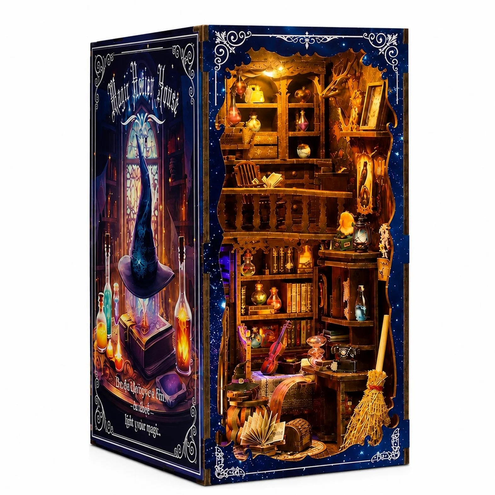 GOOGO Kit Book Nook, casa in miniatura fai da te Book Nook da 334 pezzi con luce LED, puzzle 3D in legno, fermalibri decorativo per libreria, regalo creativo per adulti (Casetta incantata)