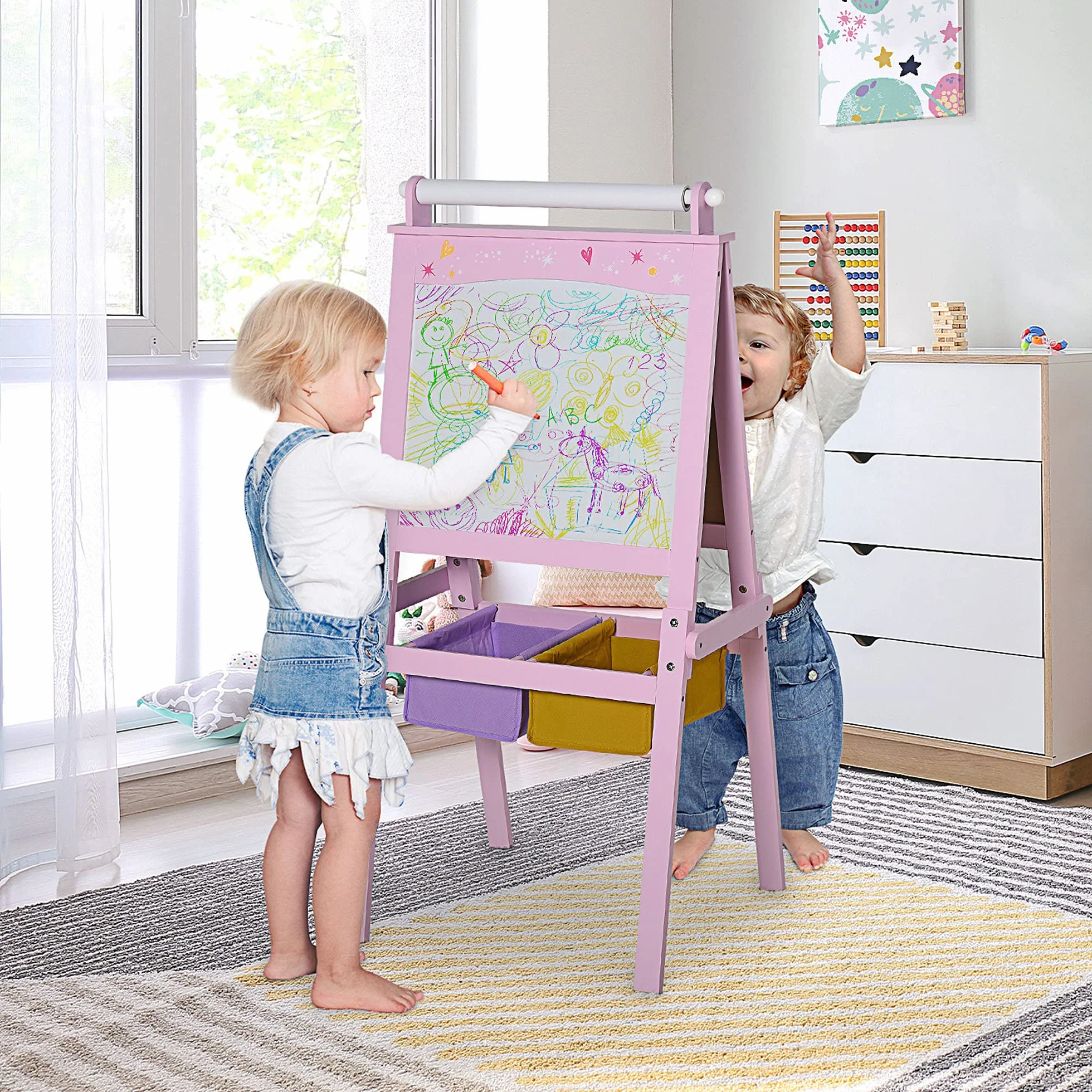 HOMCOM Lavagnetta per Bambini in Legno Rosa 3 in 1 Cavalletto Lavagna Bianca Nera Rullo Fogli