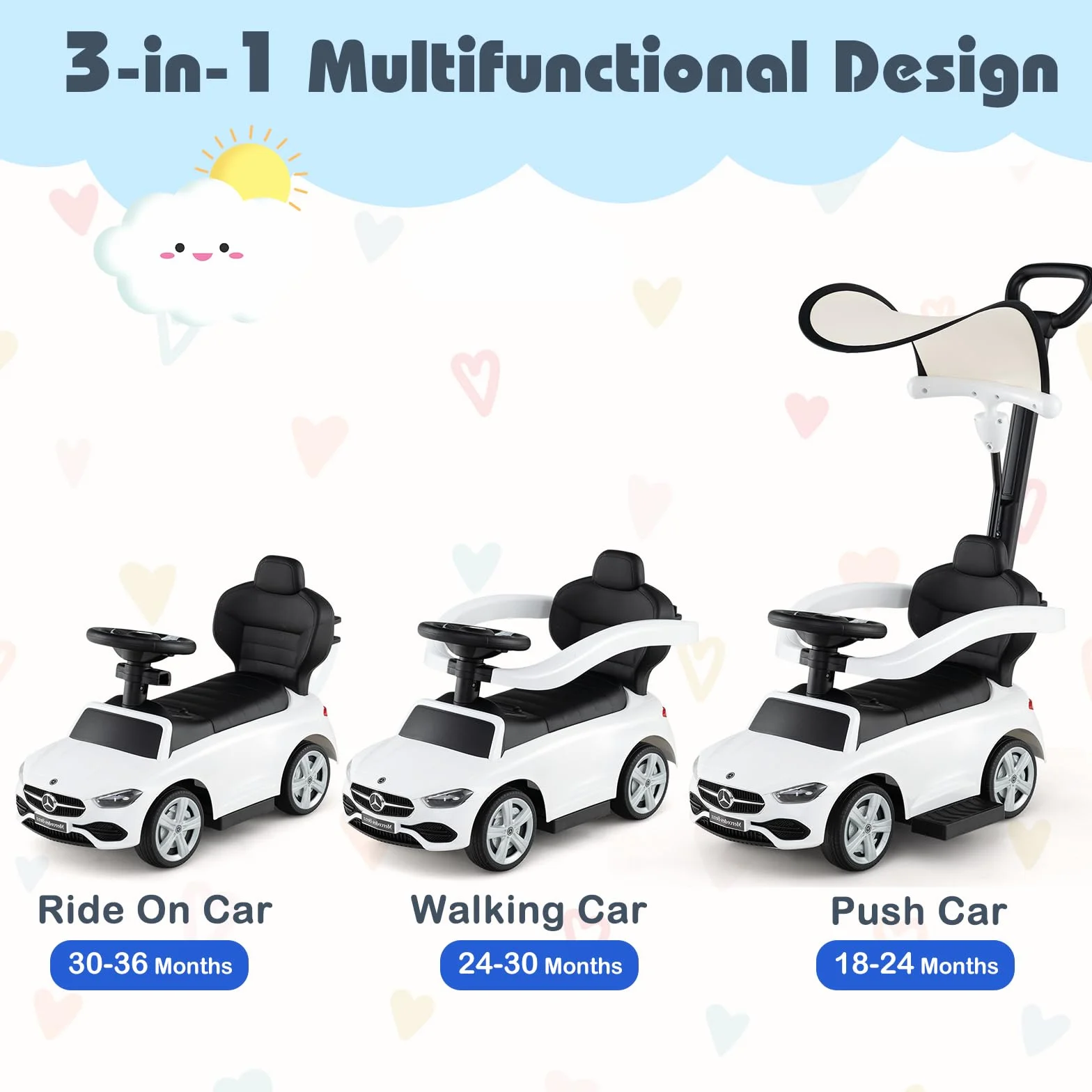 Mercedes-Benz Macchina Cavalcabile per Bambini 3 in 1, Capote Regolabile, 25 KG, 1-3 Anni (Bianco)