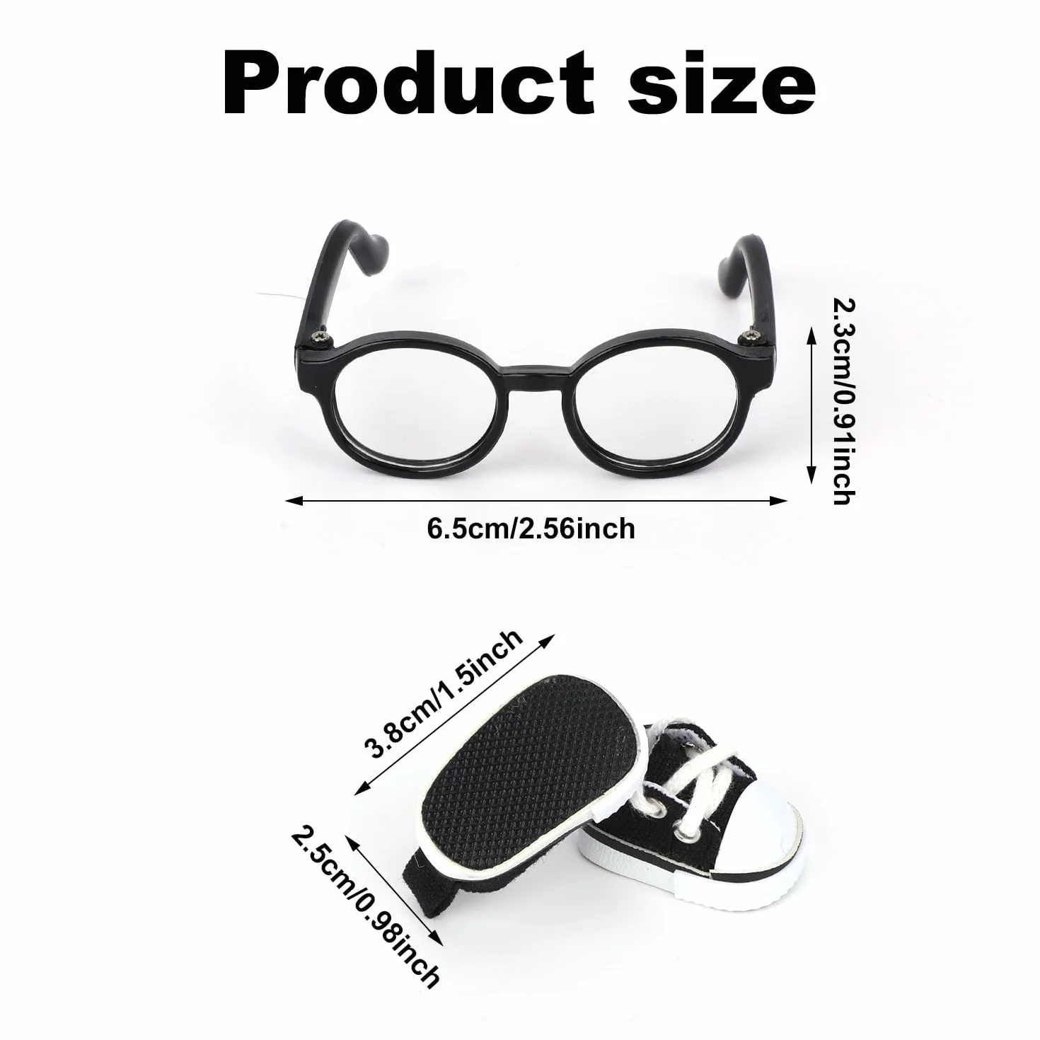 Mikovivi 2 Pezzi di Scarpe e Occhiali per Bambola 17 cm, Mini Scarpe da Ginnastica Casual in Tela con Lacci alla Moda e Occhiali da Vista Accessori per Abiti Bambola Carini (Nero)