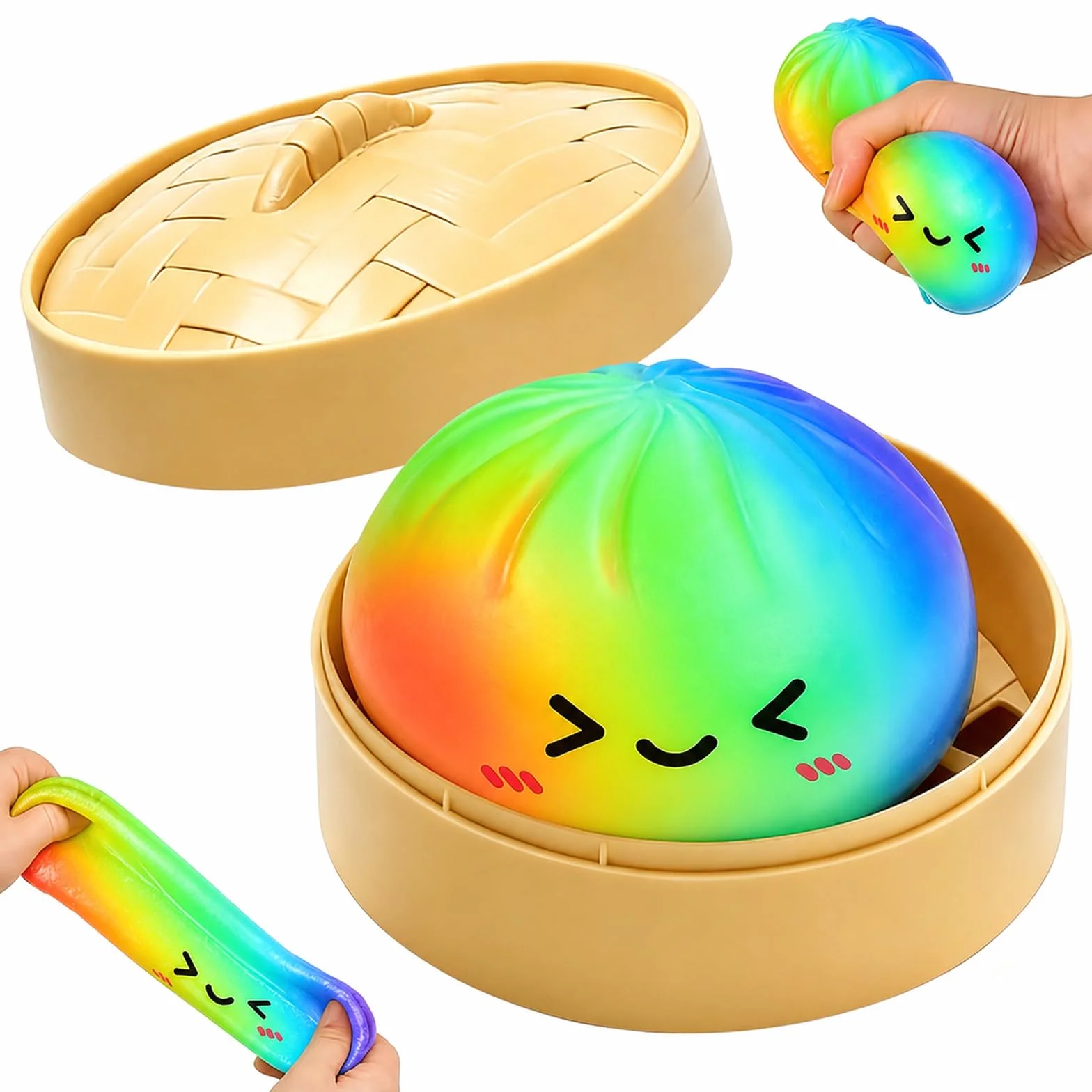 Dumpling Squishy con Vaporiera 9,5 cm, Glitter Squishy Dumpling Mystery, Giocattolo Anti-Stress Slow Rising Bao Bun Balla Antistress (Rainbow)