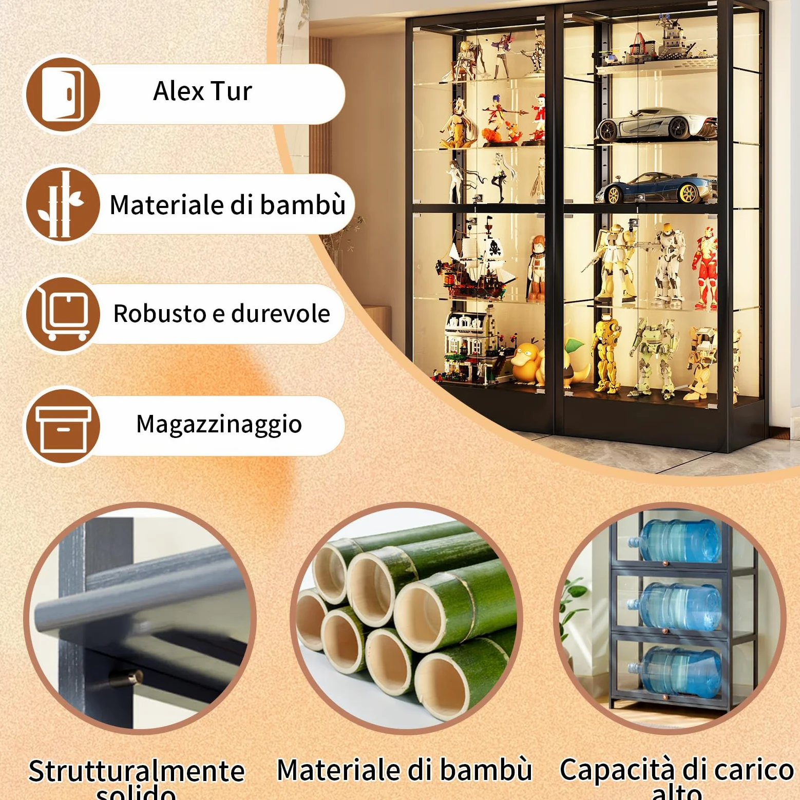 Vetrina Espositiva Per Collezionismo,Vetrina multifunzionale in bambù, Design Della Porta dell'armadio a Ribalta,Vetrinetta Espositiva per Uffici, Camere da Letto, Soggiorni
