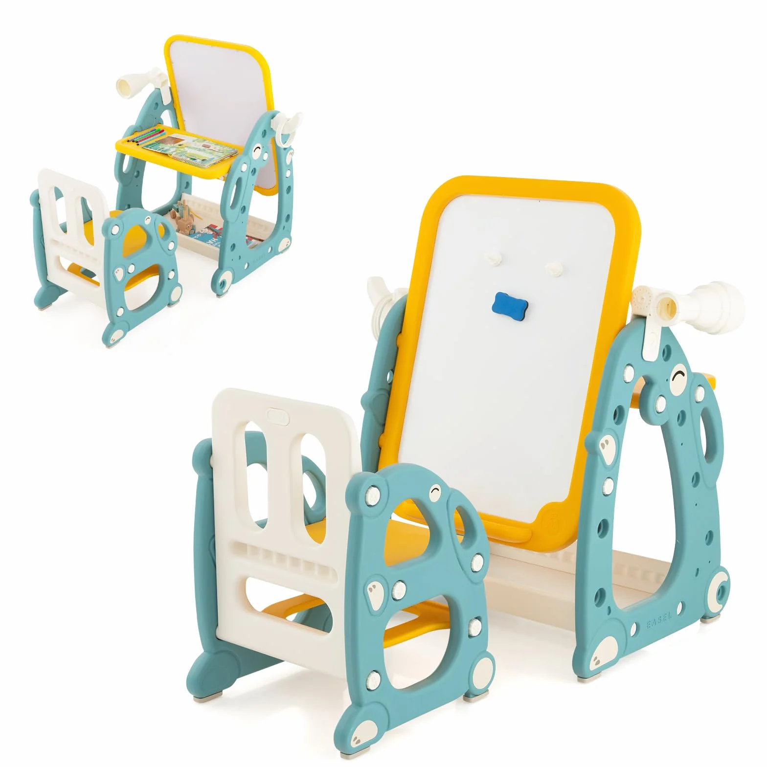 GYMAX Tavolozza Artistica 4 in 1 per Bambini con Sedia, Set Tavolo e Sedia per Disegno con Lavagna Magnetica Regolabile