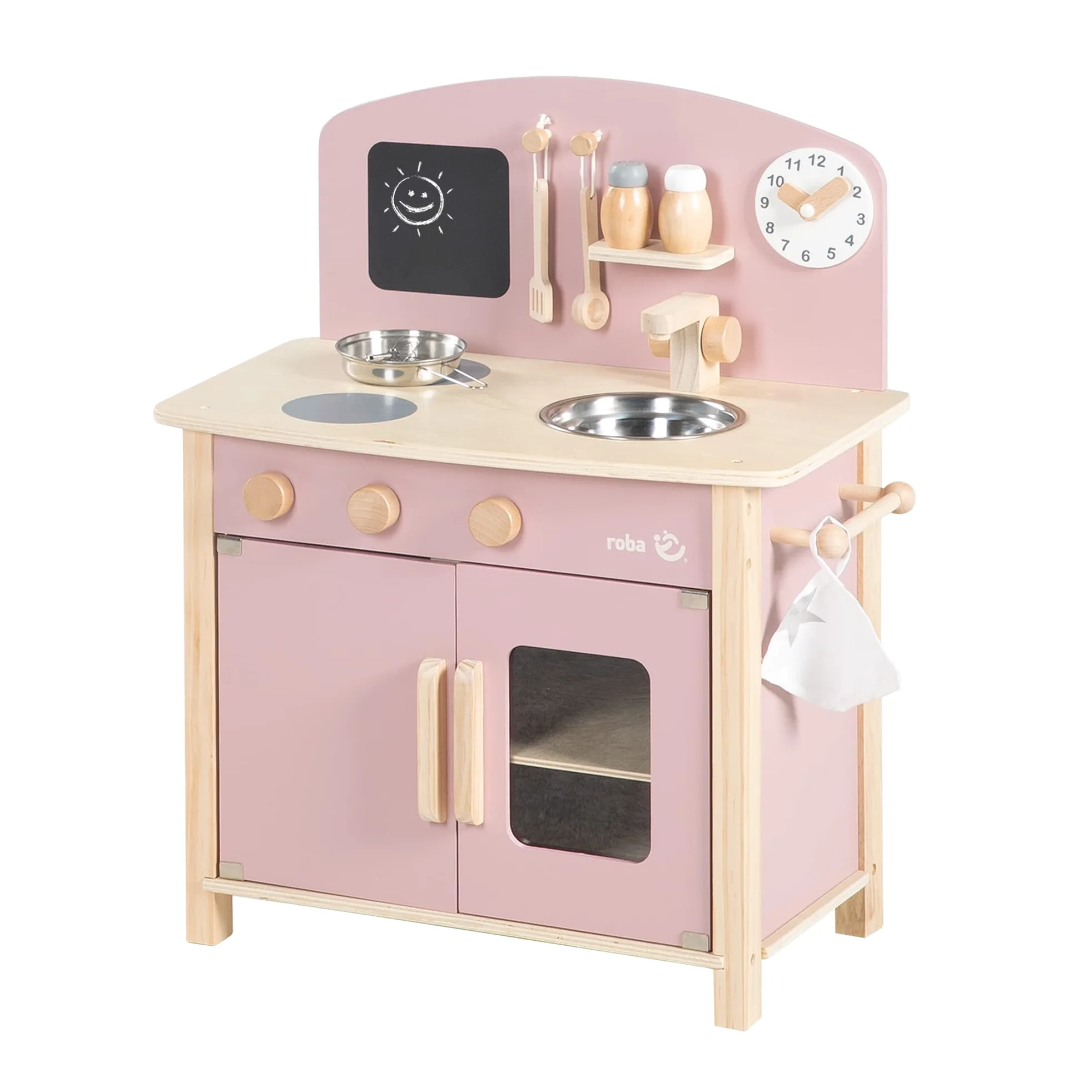 roba Cucina Giocattolo per Bambini, con Piano Cottura + Lavello, Accessori in Metallo e Legno, a Partire dai 3 Anni, Legno Naturale e Laccato Rosa