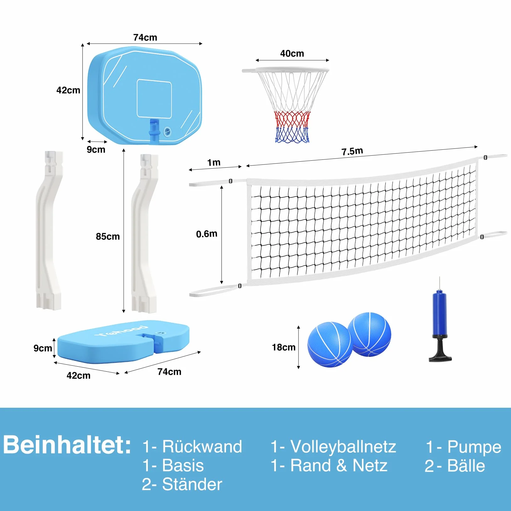Yohood 2 in 1 Canestro da Basket in Piscina & rete da Pallavolo in Piscina per Bambini e adulti, Accessori per piscine giochi d'acqua, Giochi per feste in famiglia e in piscina