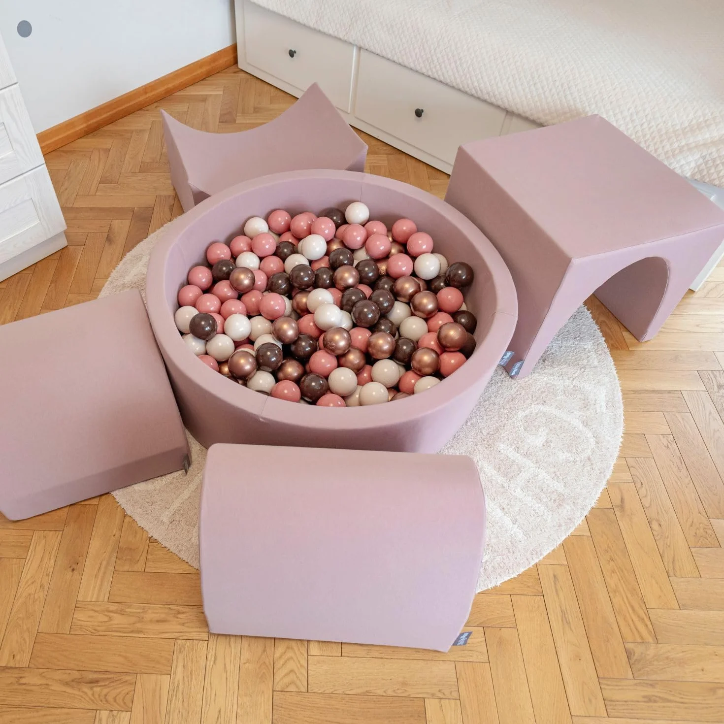 KiddyMoon Area di Gioco in Schiuma con Tondo Piscina di Palline (300 Palline) per Bambini, Erica: Marrone/Rame/Beige Pastello/Salmone