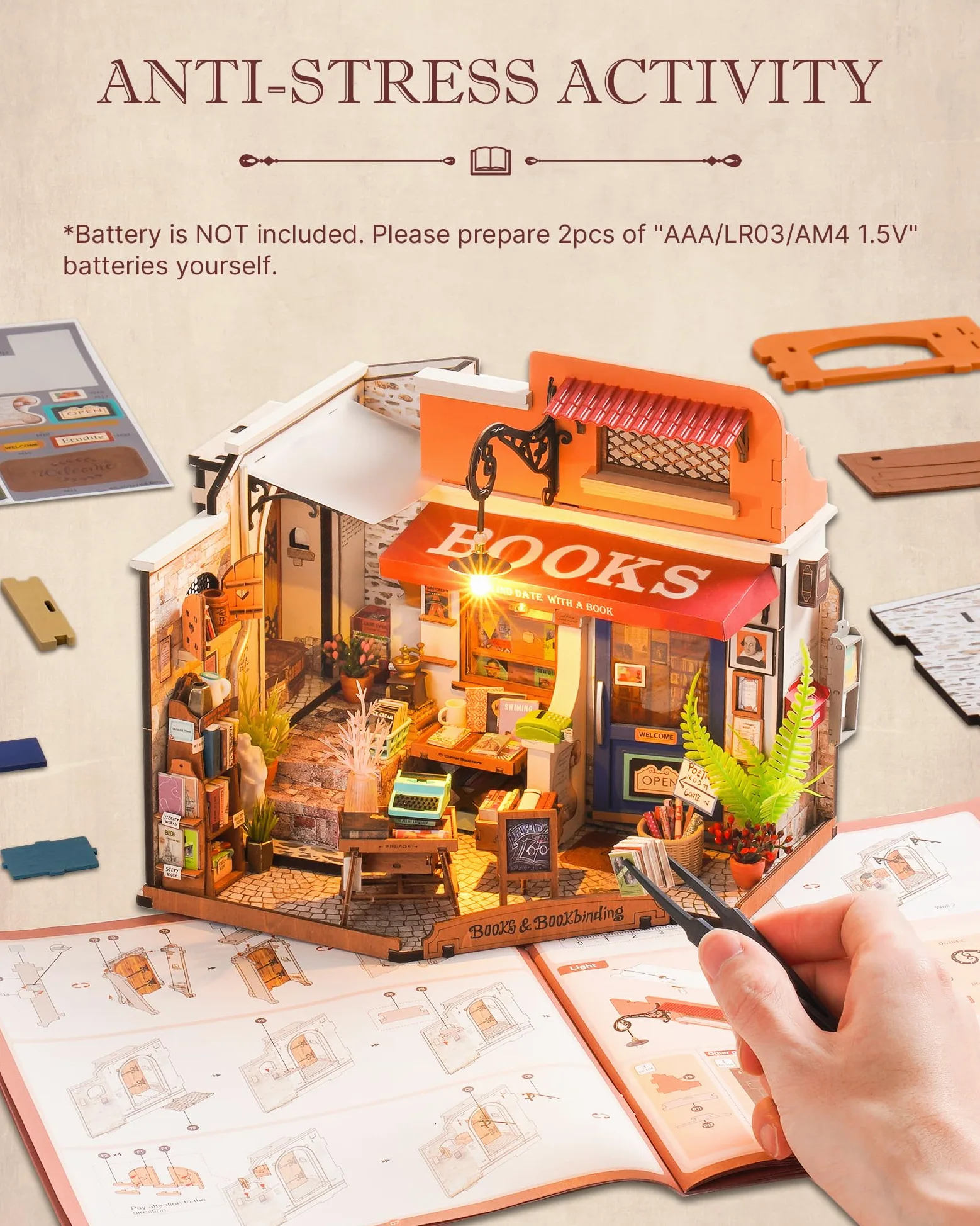 Rolife Casa delle Bambole Libreria ad Angolo con Luci LED Kit Casa in Miniatura Fai da Te Casa delle Bambole Kit con Mobili Modello in Legno 3D Puzzle Regalo di Natale per Bambini e Adulti