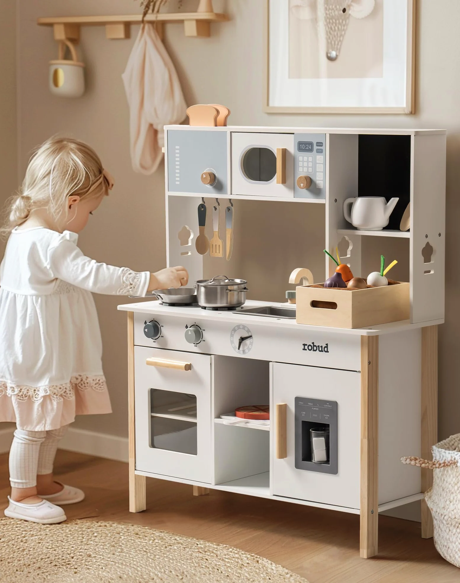 ROBUD Cucina Giochi per Bambini, Cucina in Legno con Fioriera, Tostapane e Macchina per il Gelato, Set da Gioco con Accessori per la Cucina, Pizza, Regalo per Bambini dai 3 Anni in Su