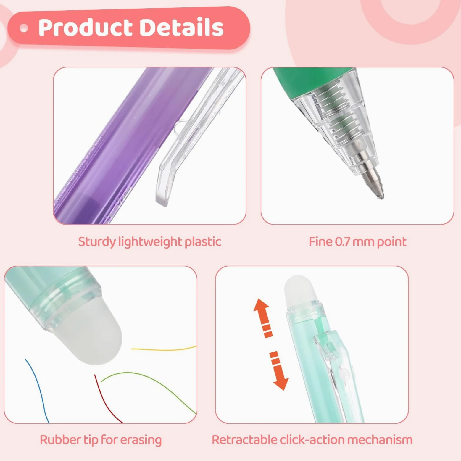 36 penne gel cancellabili retrattili, penne a inchiostro multicolore a punta fine da 0,7 mm con gomma da cancellare, penne termosensibili per scrivere, disegnare, colorare e prendere appunti