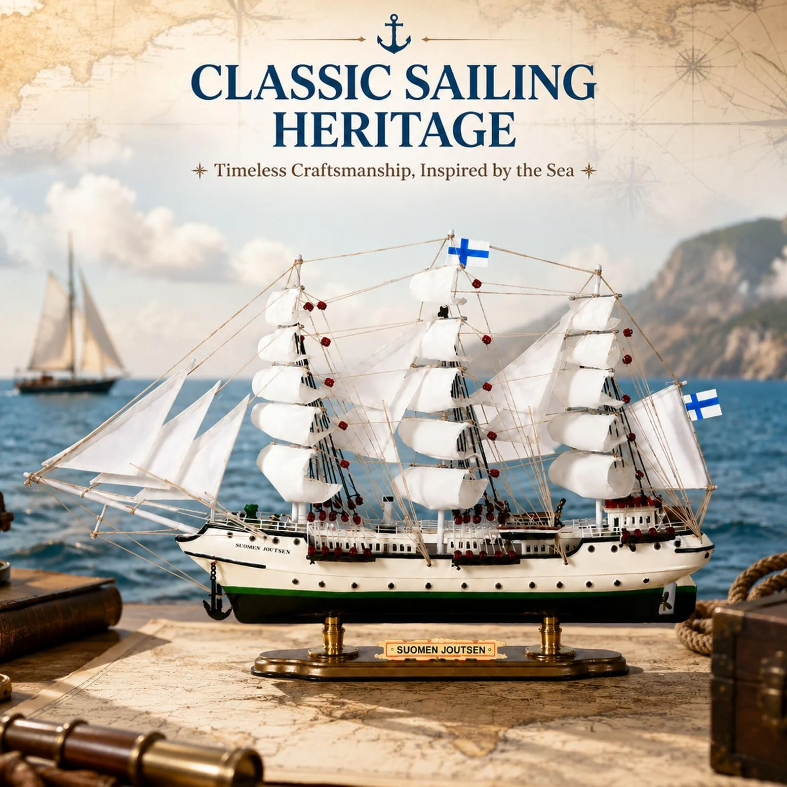 YLME Modello di veliero in Legno Replica di Un Classico veliero a Tre Alberi | Decorazione nautica per soggiorno, ufficio o mensola. Oggetto vintage da collezione a tema oceano per la casa