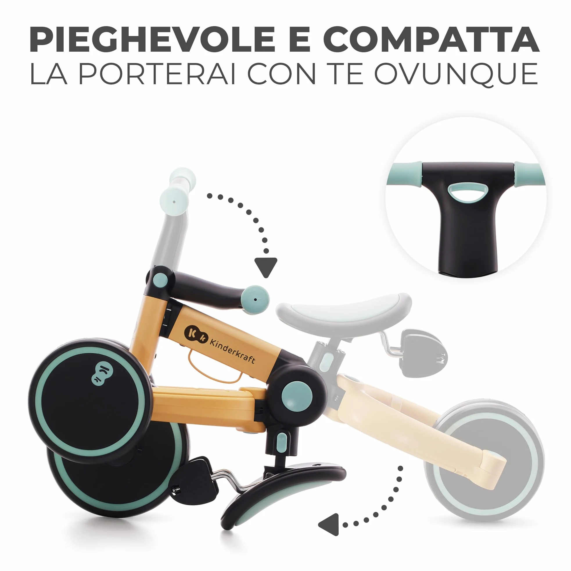 Kinderkraft Triciclo 3in1 4TRIKE, Mini bici, Carrello, Sella regolabile, Pieghevole, da 12 mesi a 5 anni, Giallo+Blu