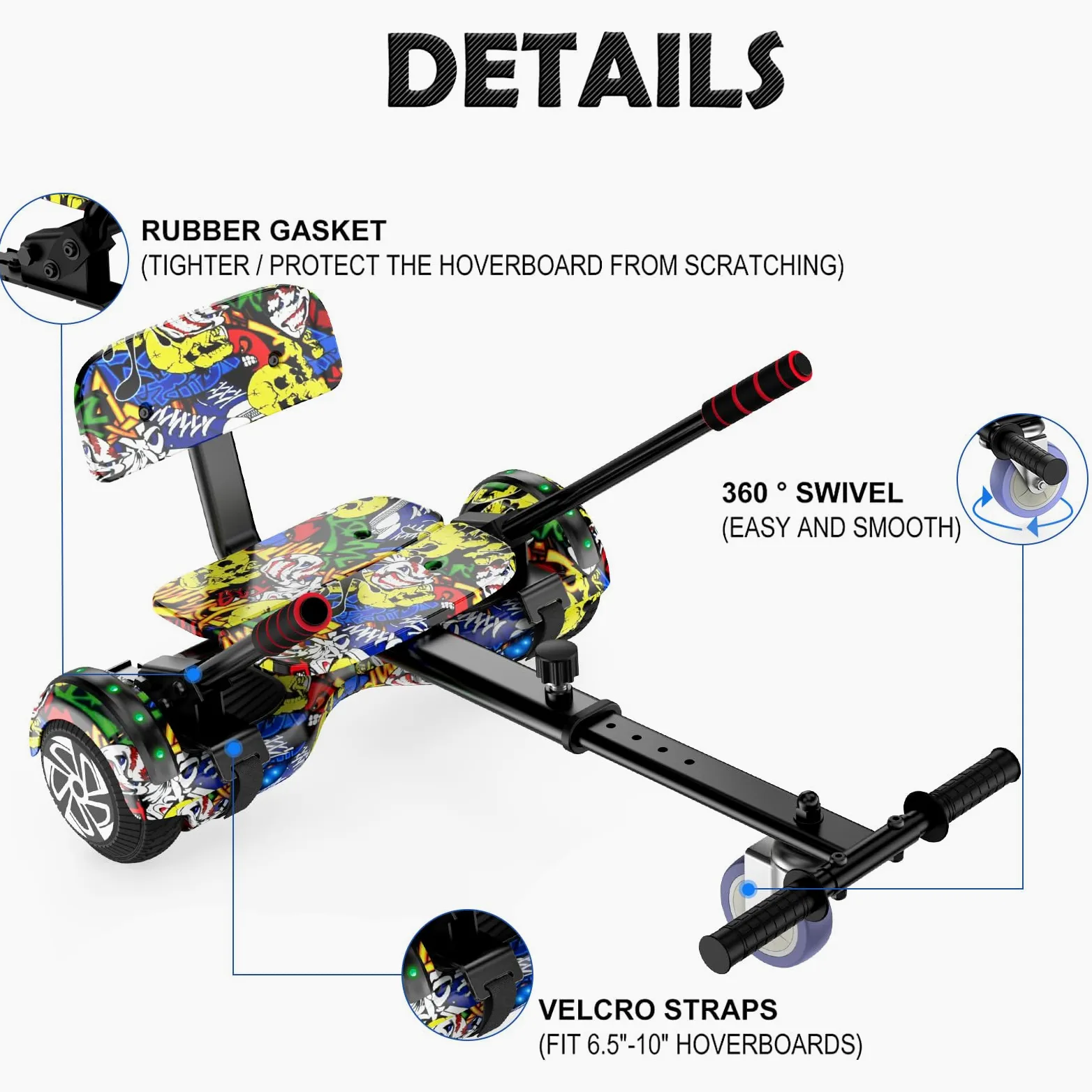 Hoverboard con fissaggio del sedile Combo, 6,5 pollici auto bilanciamento Hover Board con altoparlante Bluetooth e luci LED per bambini ragazze ragazzi (incluso Gokart)