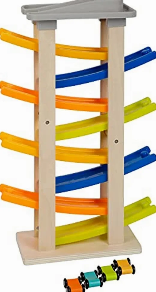Small Foot Pista con Piano di parcheggio, in Legno e plastica, Molto Alta con 8 Rampe e 4 macchinine, da 18 Mesi, 11963