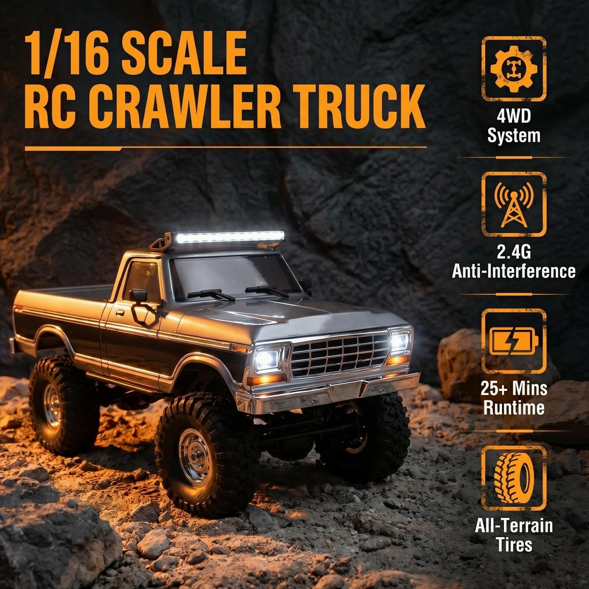 Auto telecomandata 1/16, pickup 4x4 proporzionale 2,4G, fuoristrada con 12 modalità di fari, auto radiocomandata per adulti (RTR/nero)