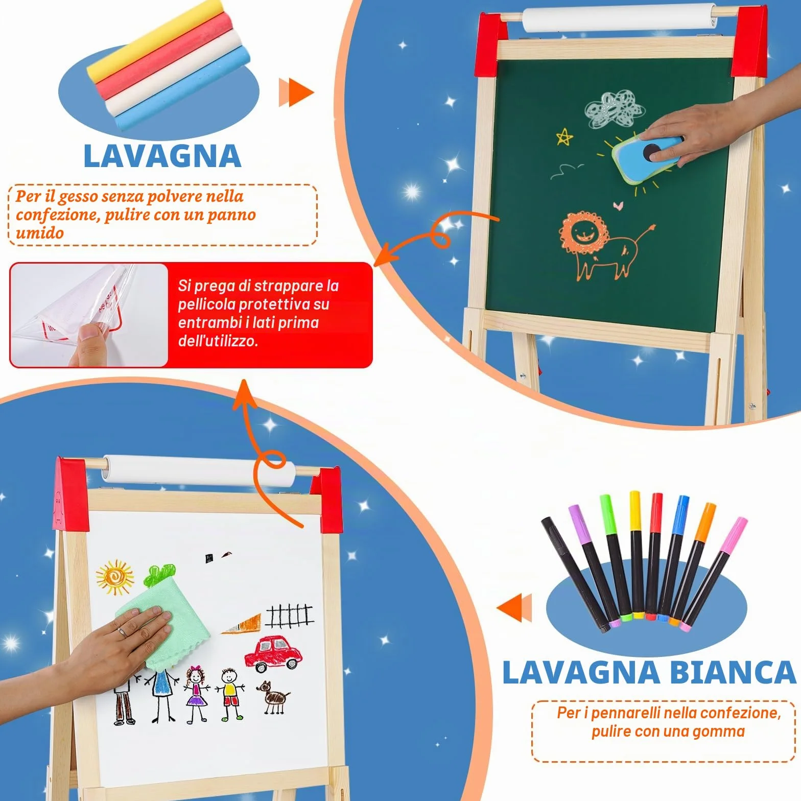 Cavalletto per Bambini in Legno Lavagna Doppia Faccia con Supporto per Rotoli