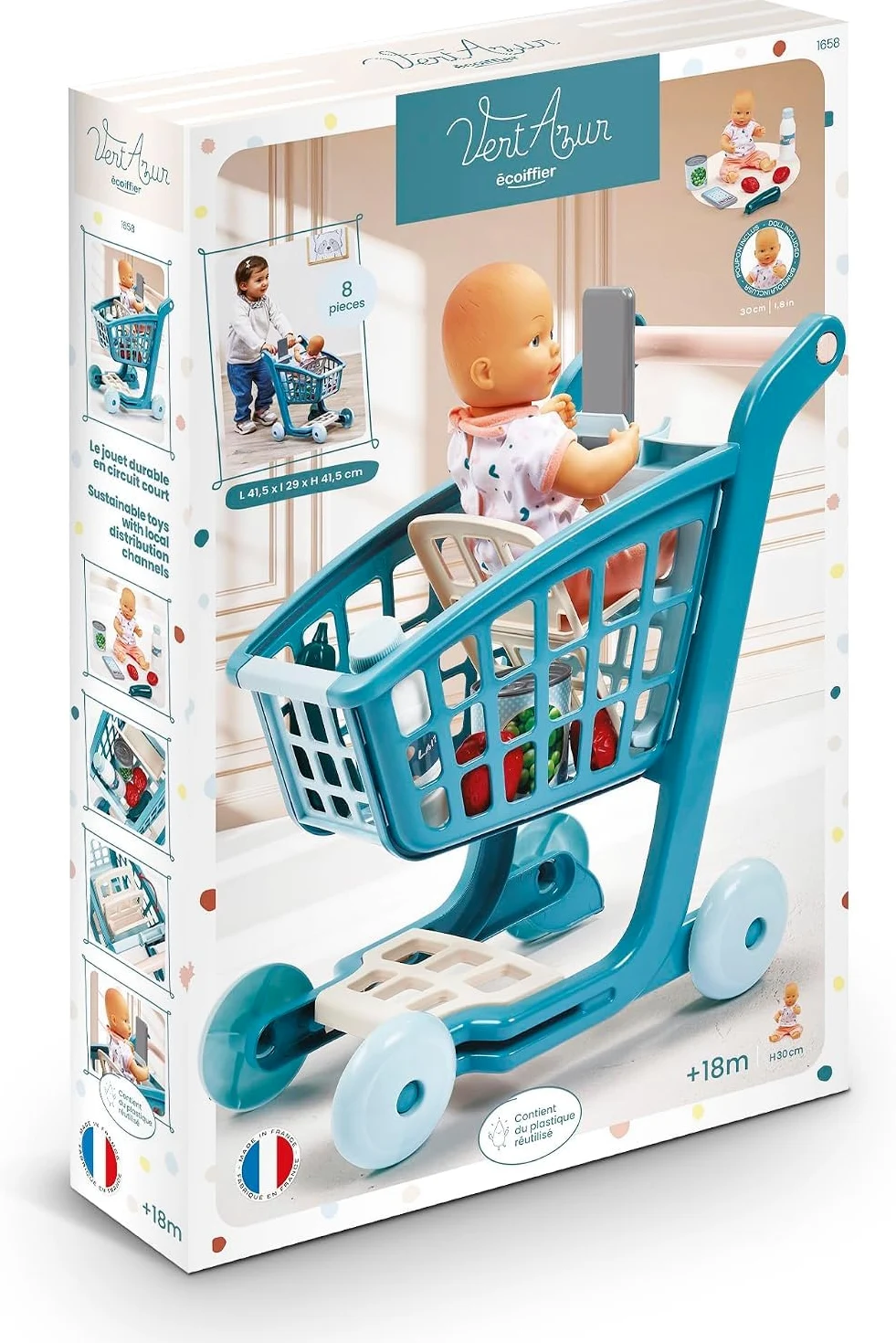 Ecoiffier - Carrello per la Spesa con Bambola, Set Gioco di Ruolo con Passeggino Carrello e Bambola Inclusa, Gioco di Imitazione e Cura, +18 Mesi, 7900001658