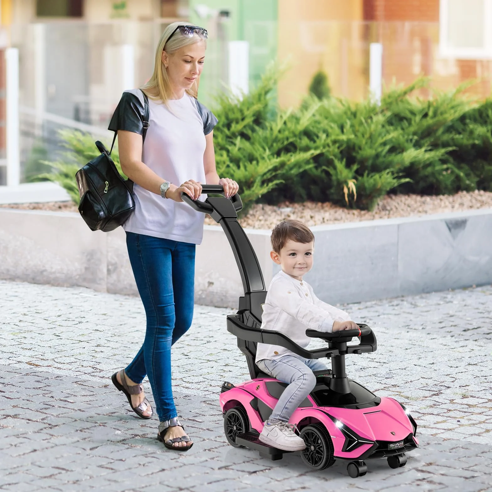 COSTWAY 3 in 1 Auto da Spinta con Paracolpi e Manubrio Rimovibili, Musica e Fari, Rosa per Bambini 18-24 Mesi