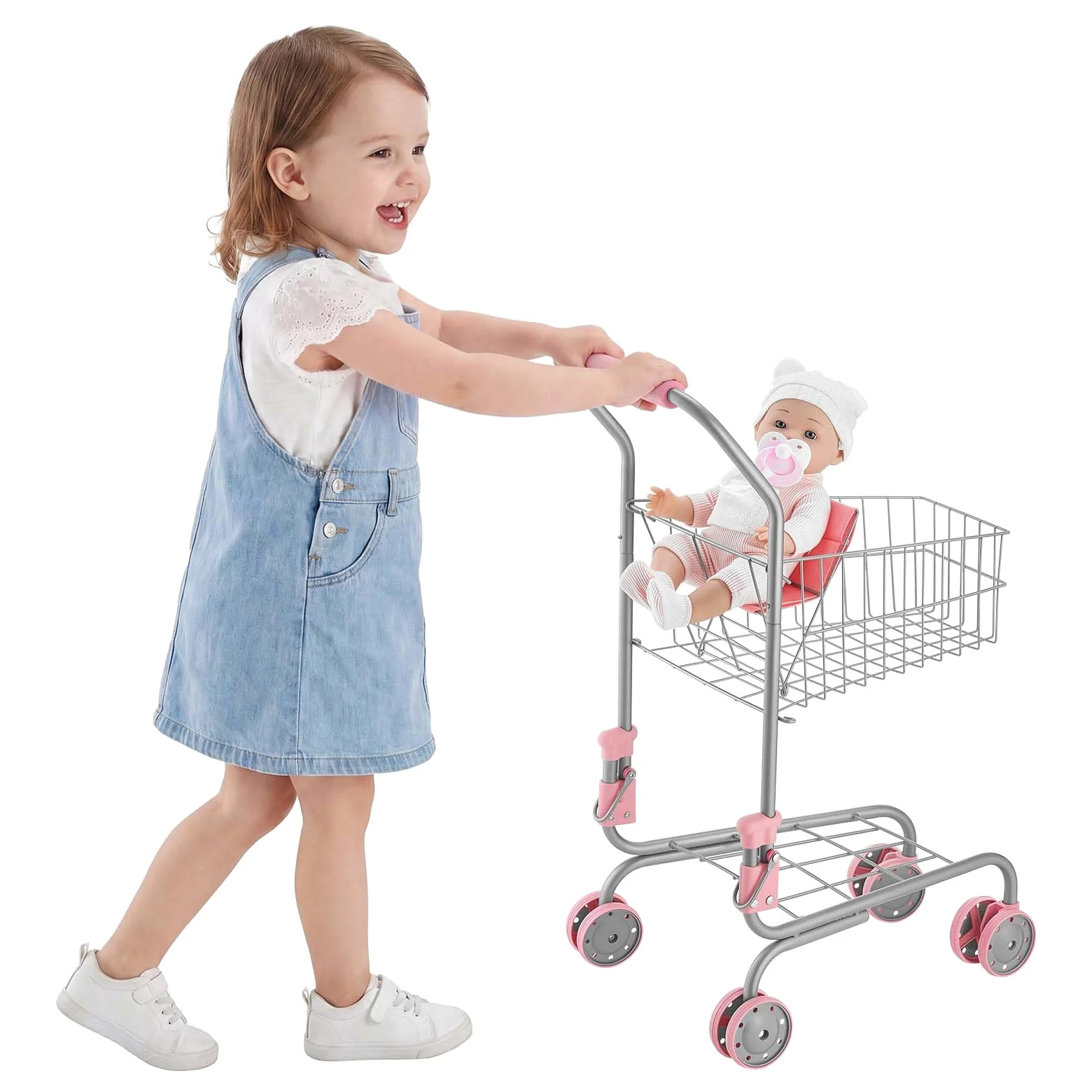 VEVOR Carrello della Spesa Giocattolo per Bambini dai 3 Anni, Carrello Supermercato Giocattolo, Telaio Robusto in Metallo, Sedile per Bambole, Ruote Scorrevoli, Cestino a Rete, Gioco di Ruolo Negozio