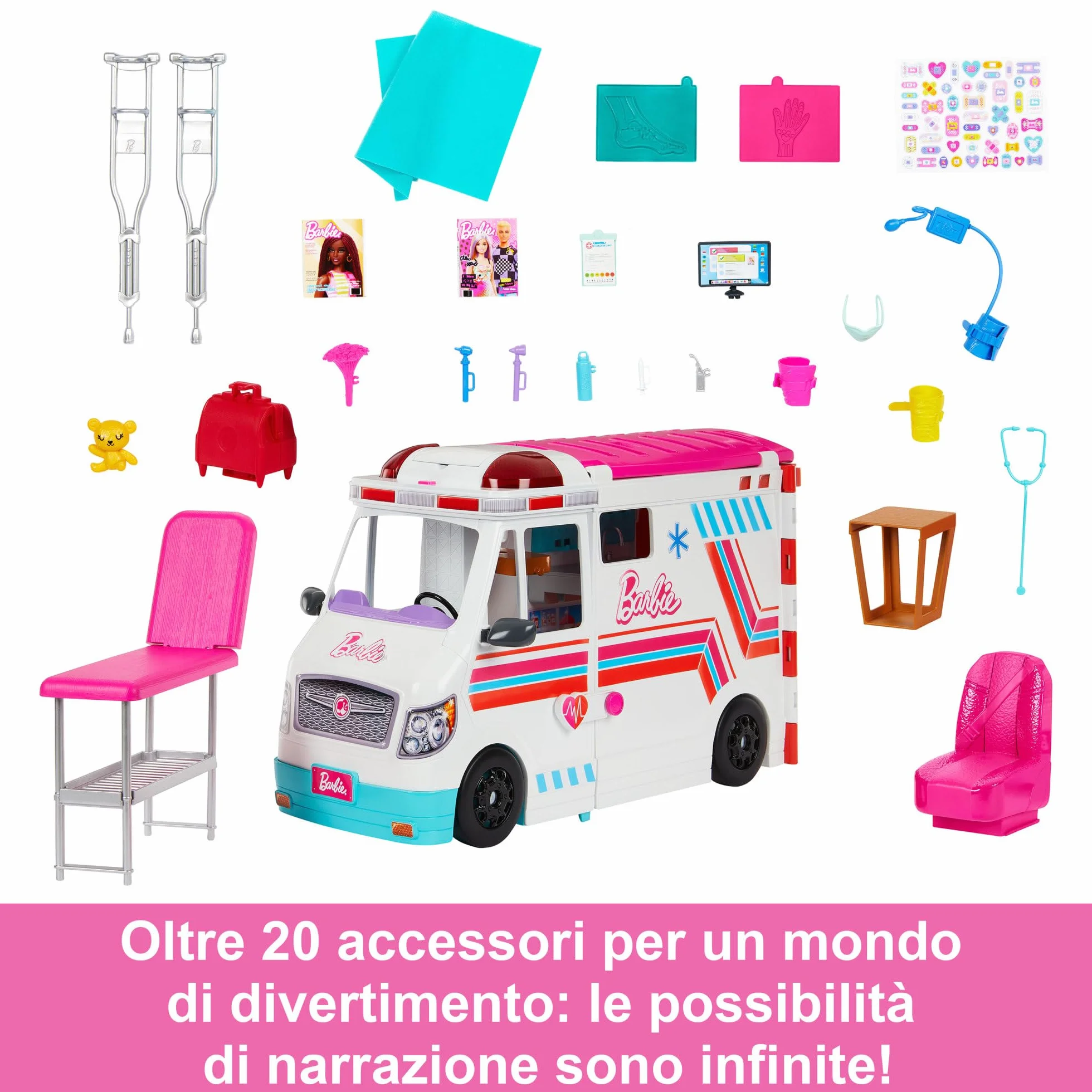 Barbie - Playset Ambulanza, veicolo di primo soccorso con luci, suoni e 20+ accessori, giocattolo per bambini, 3+ anni, HKT79