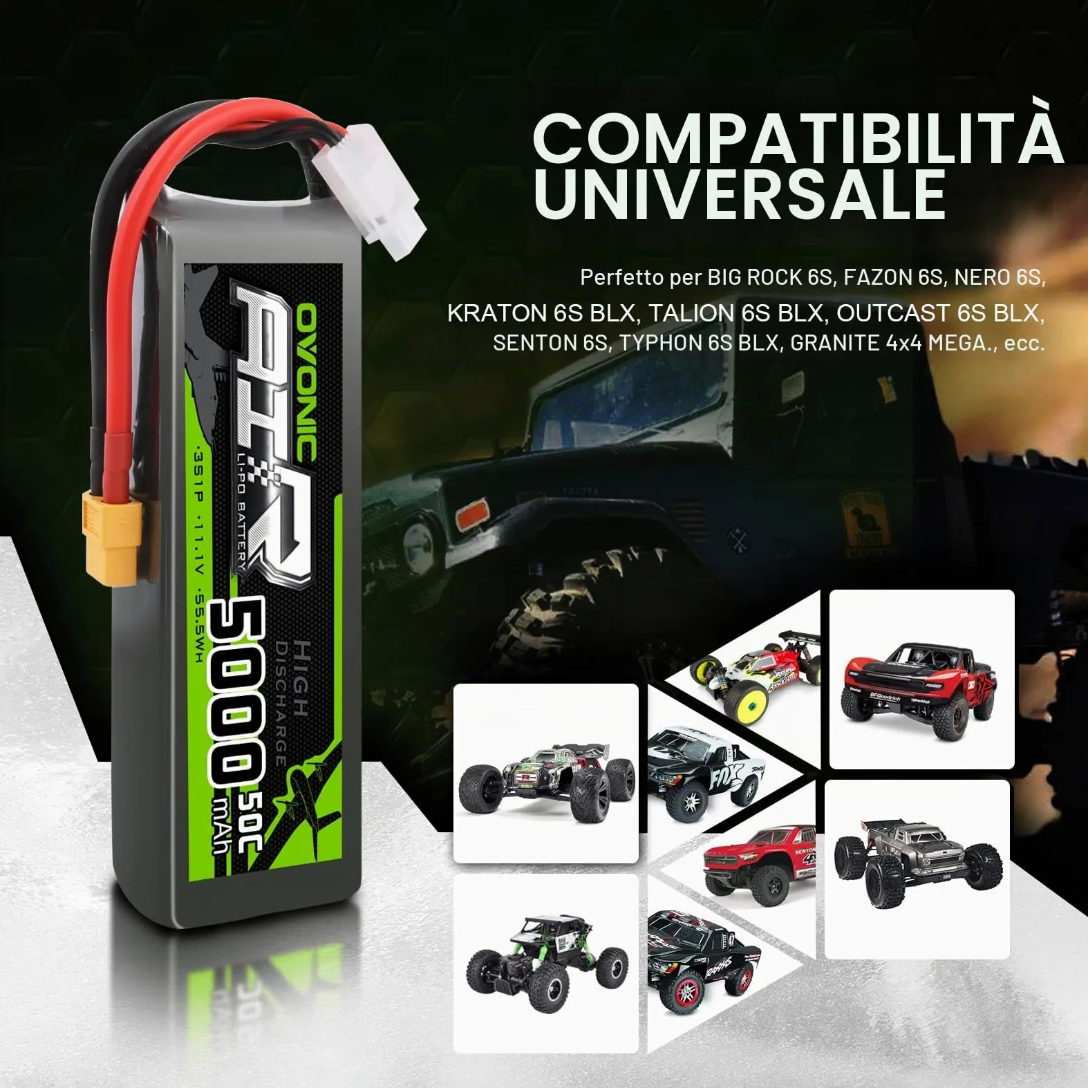 OVONIC 3S Batteria Lipo 50C 5000mAh 11.1V LiPo RC batteria con connettore XT60 per RC Auto Boat Truck Heli Aereo Quadcopter elicottero Multispotore Hobby（2 packs）